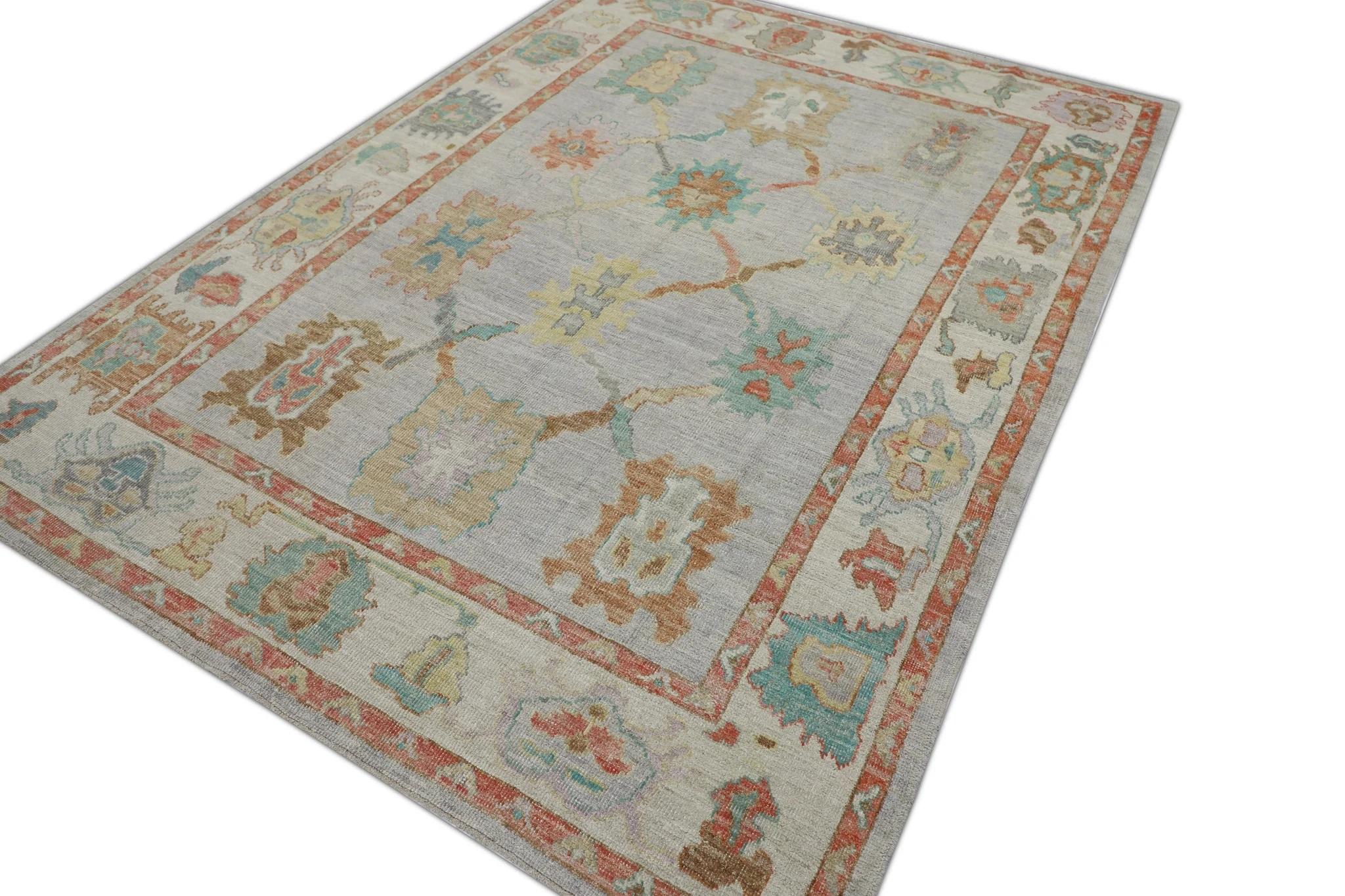 Tintura vegetale Tappeto turco Oushak Tessuto a mano in lana rosso multicolore Design/One 6'7