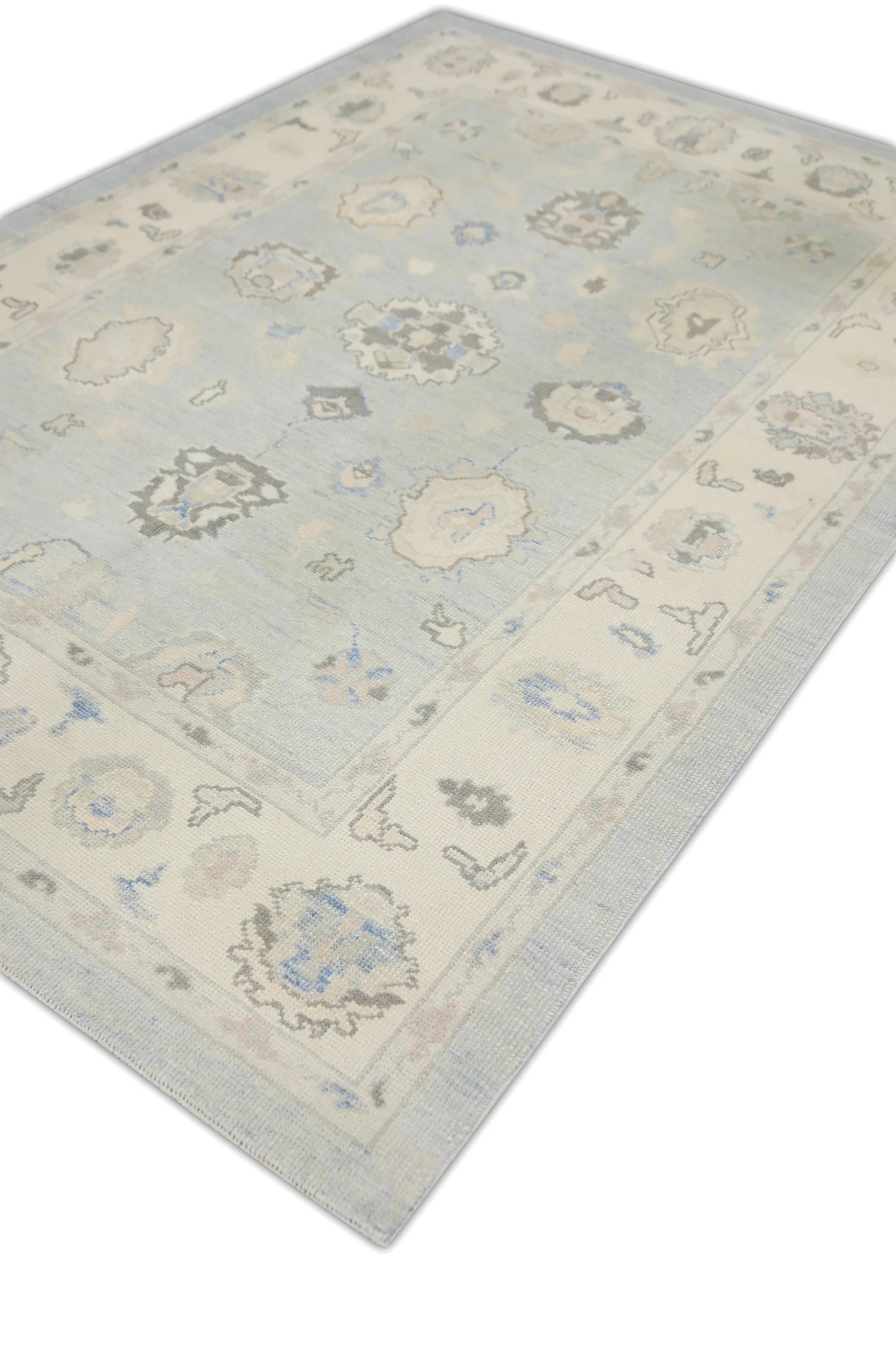 Turkish Oushak Rug Handwoven Wool Soft Blue & Brown Floral 6'1