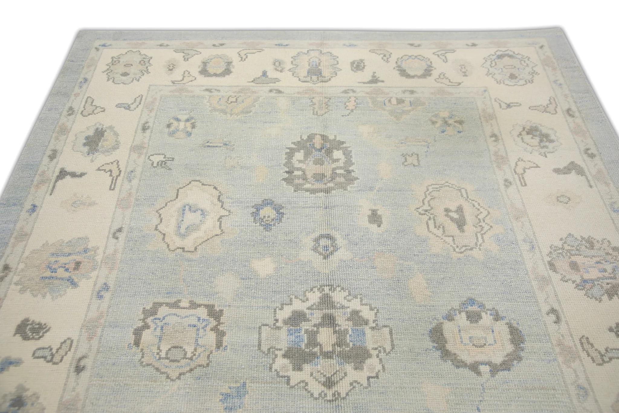 Turkish Oushak Rug Handwoven Wool Soft Blue & Brown Floral 6'1