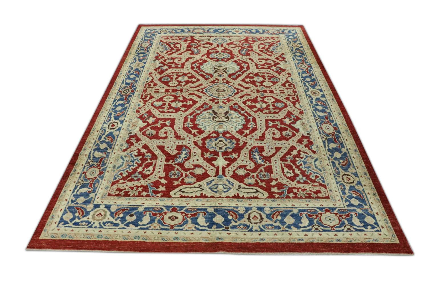 Alfombra Turca Oushak Tejida a Mano Lana Tradicional Rojo Azul 6'1