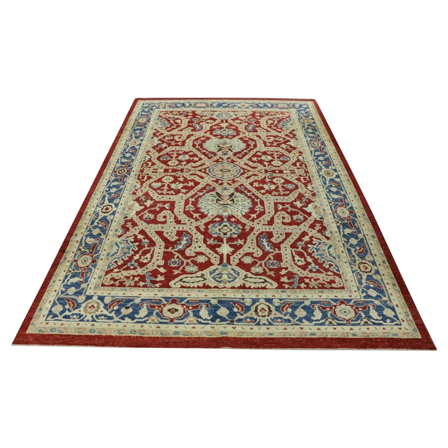 Alfombra Turca Oushak Tejida a Mano Lana Tradicional Rojo Azul 6'1" x 8'10"