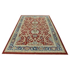 Alfombra Turca Oushak Tejida a Mano Lana Tradicional Rojo Azul 6'1" x 8'10"