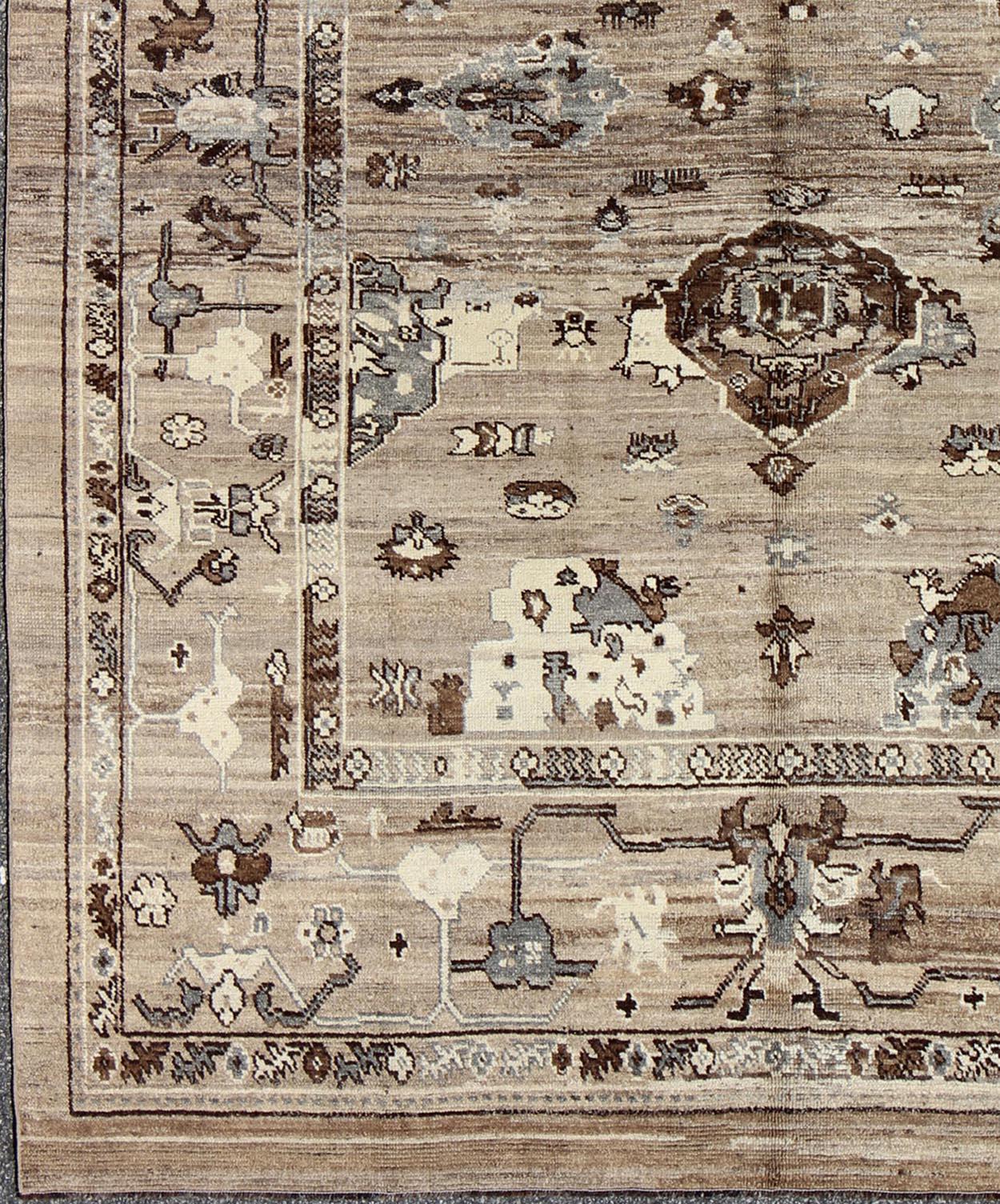 Hand-Knotted Turkish Oushak Rug in All-Over Design in Natural Wool Colors of Brown to Cream For Sale
