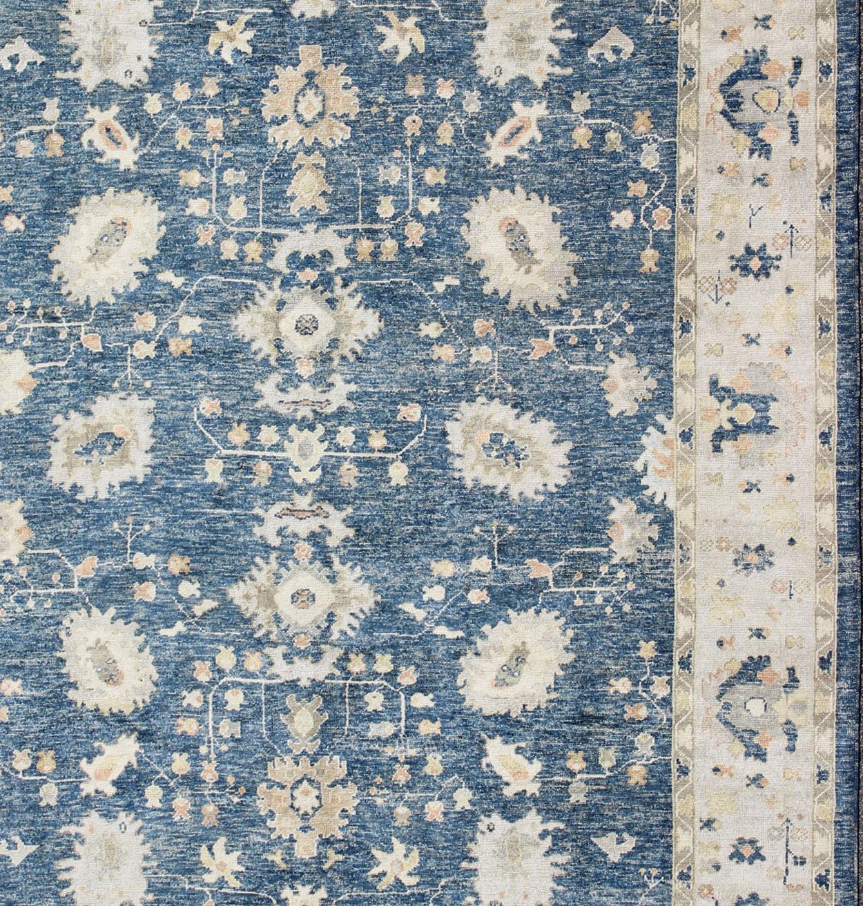 Turkish Oushak Rug in Blue Background, Neutral Colors and All-Over Design In New Condition For Sale In Atlanta, GA
