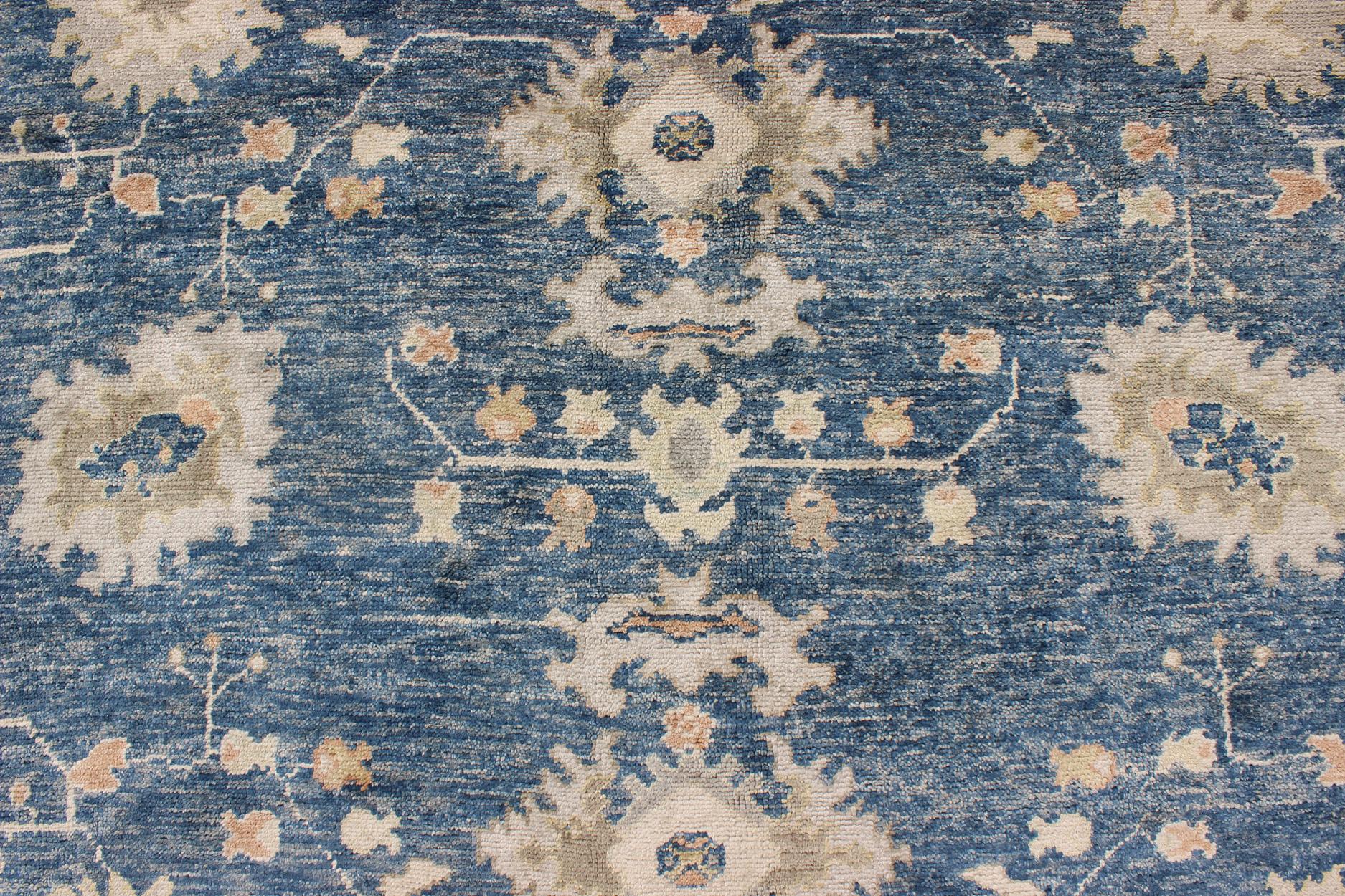 Turkish Oushak Rug in Blue Background, Neutral Colors and All-Over Design For Sale 1