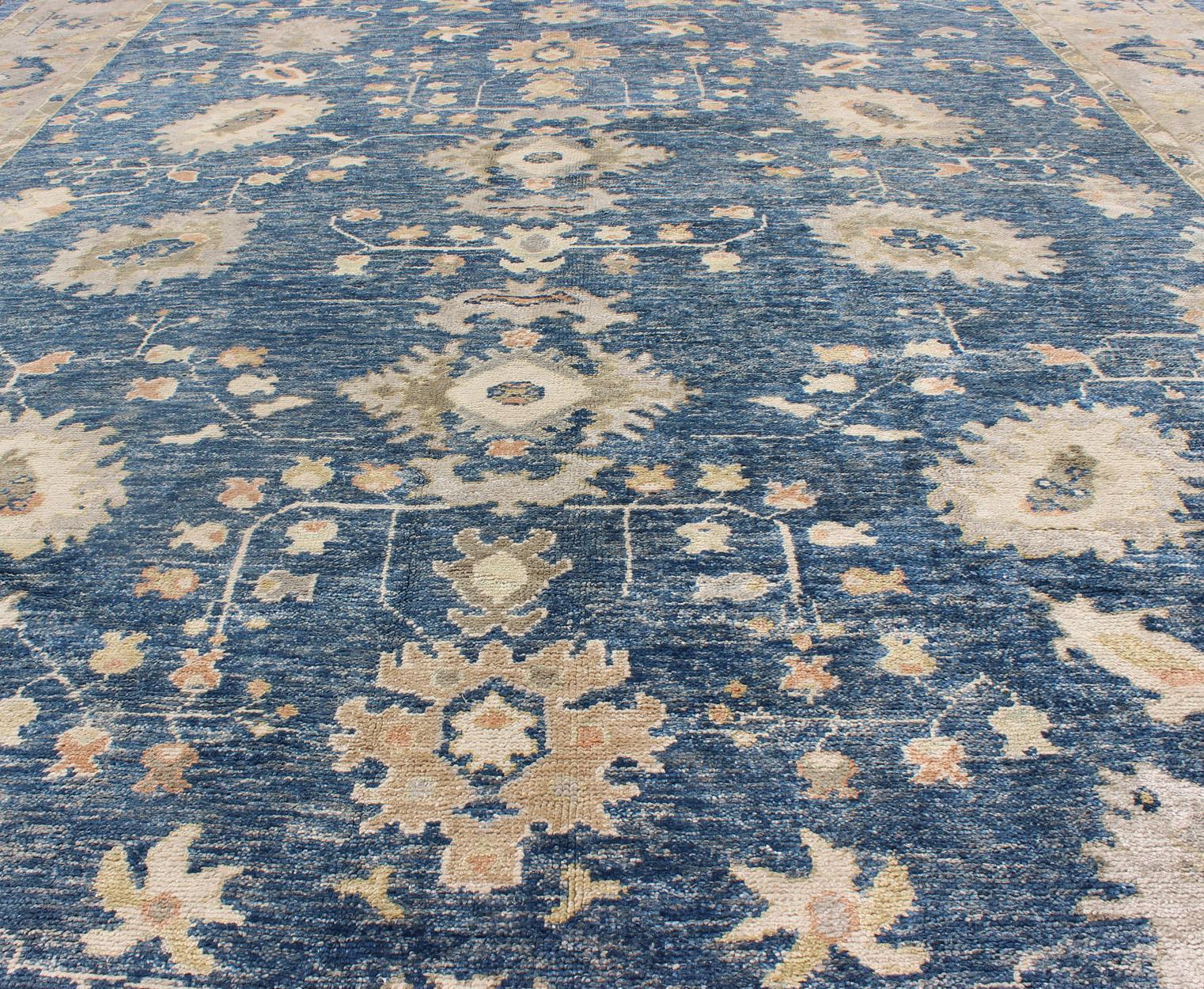 Turkish Oushak Rug in Blue Background, Neutral Colors and All-Over Design For Sale 2