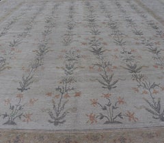 Turkish Oushak Rug in Pale Ivory with Soft Gray and Coral Floral 13'6 x 16'9