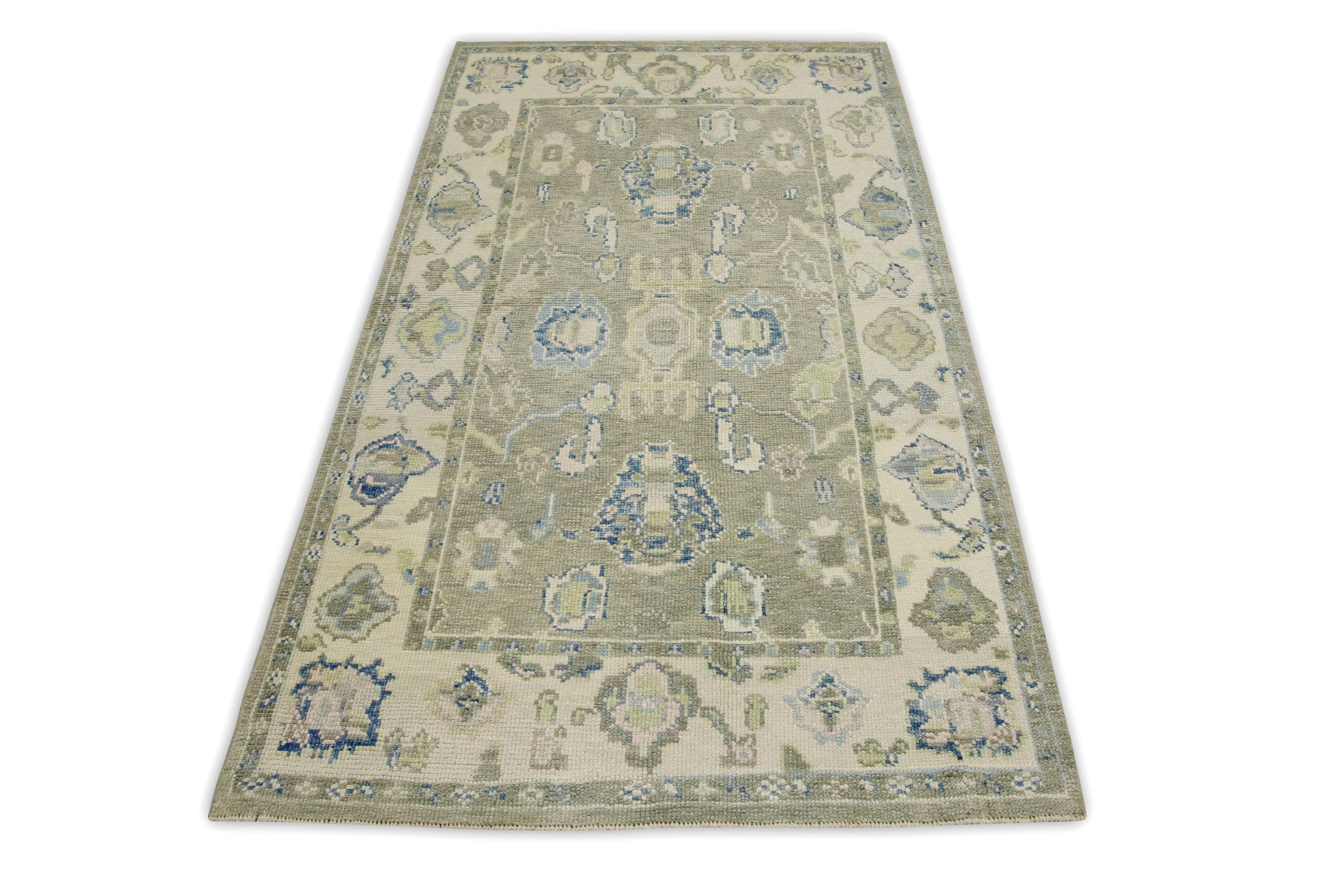 Türkischer Oushak-Teppich in Sage Grün & Blau Handgeknüpfter Wollteppich 3'10