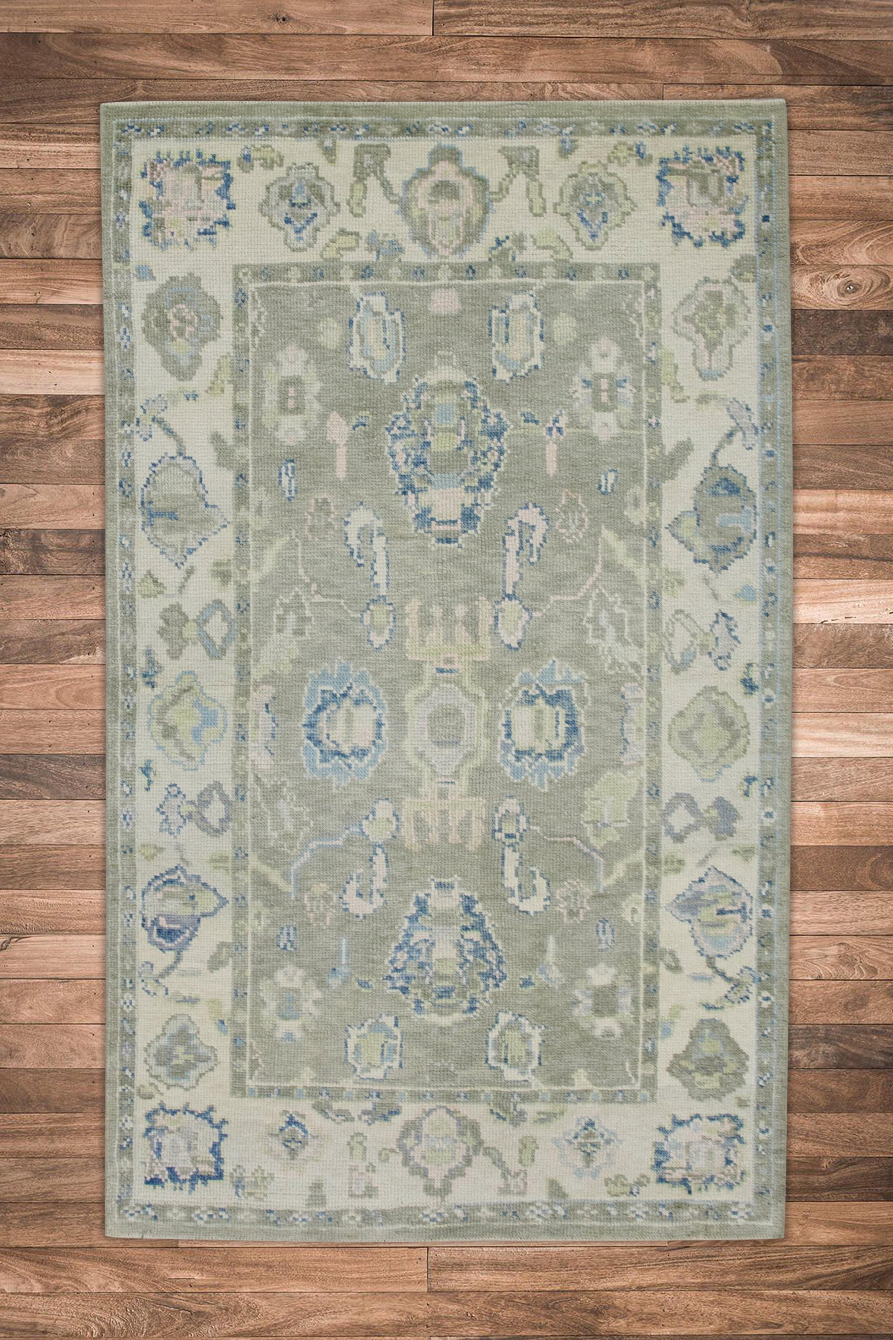 Türkischer Oushak-Teppich in Sage Grün & Blau Handgeknüpfter Wollteppich 3'10
