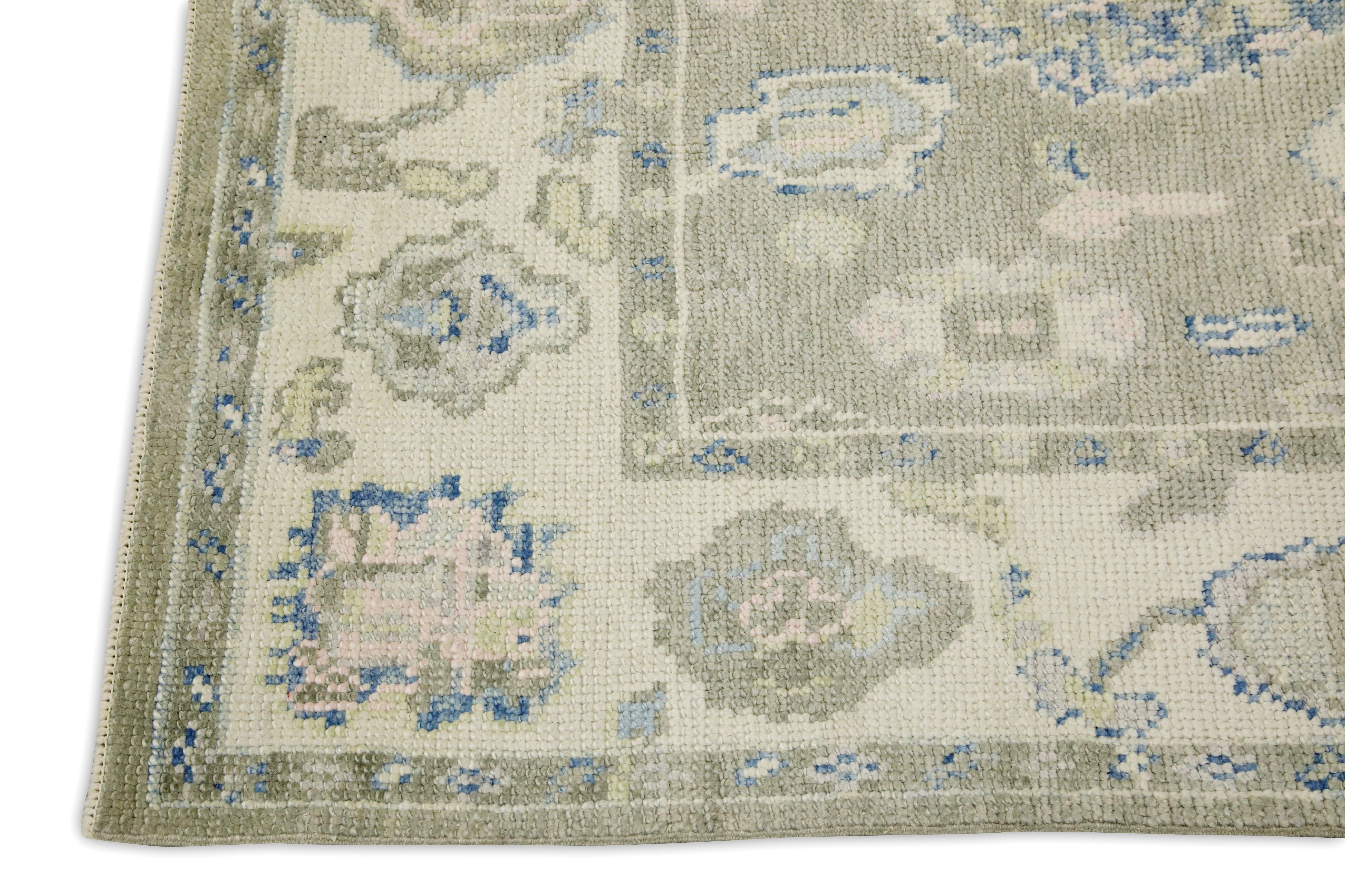 Türkischer Oushak-Teppich in Sage Grün & Blau Handgeknüpfter Wollteppich 3'10