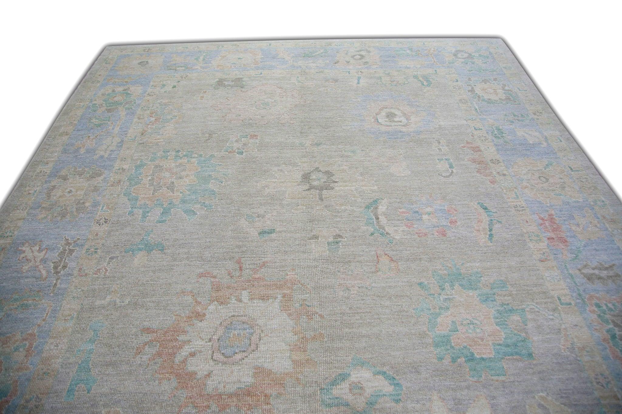 Türkischer Oushak Teppich in Soft Blue, Coral & Sage Handgewebter Wollteppich 8'5