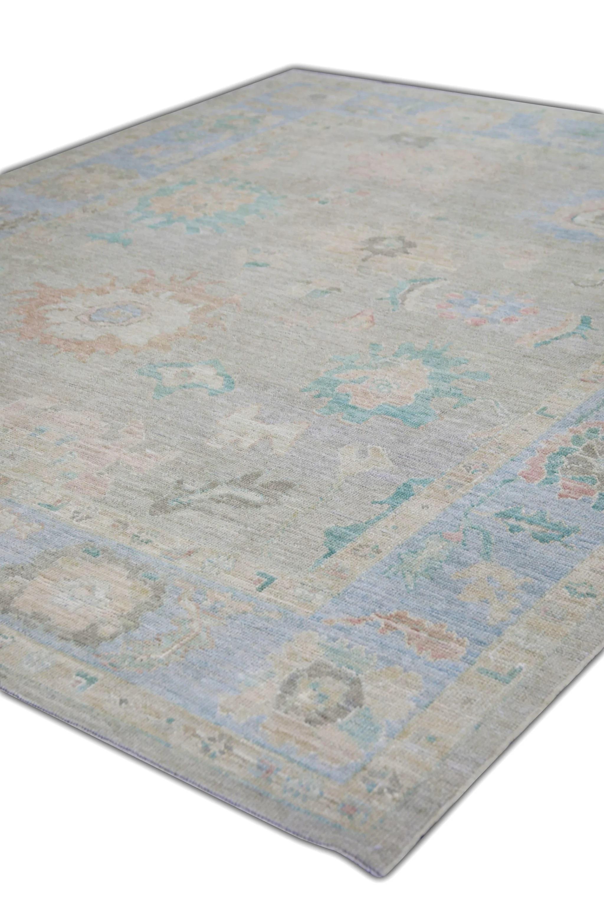 Türkischer Oushak Teppich in Soft Blue, Coral & Sage Handgewebter Wollteppich 8'5