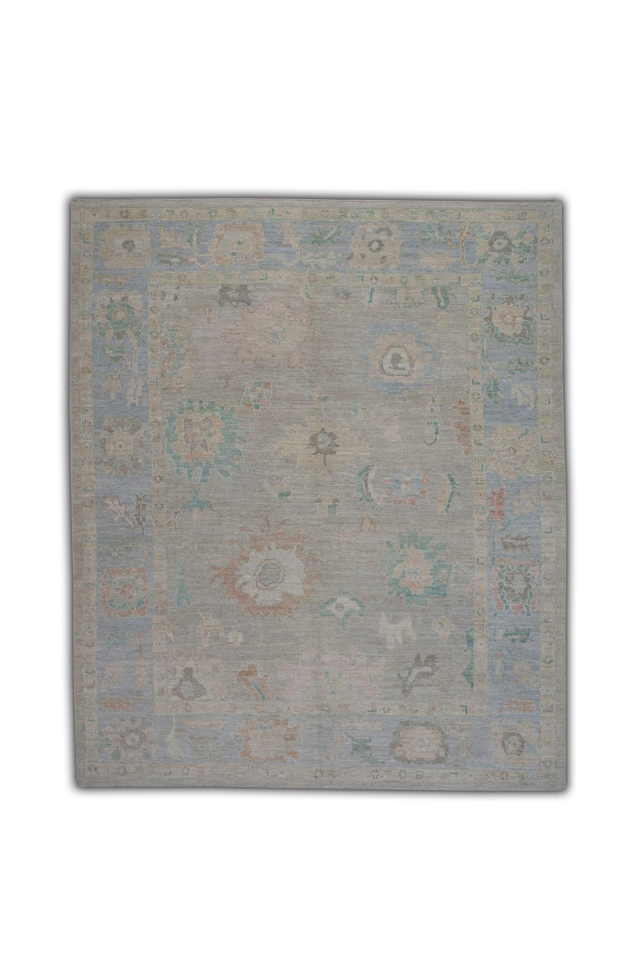 Türkischer Oushak Teppich in Soft Blue, Coral & Sage Handgewebter Wollteppich 8'5