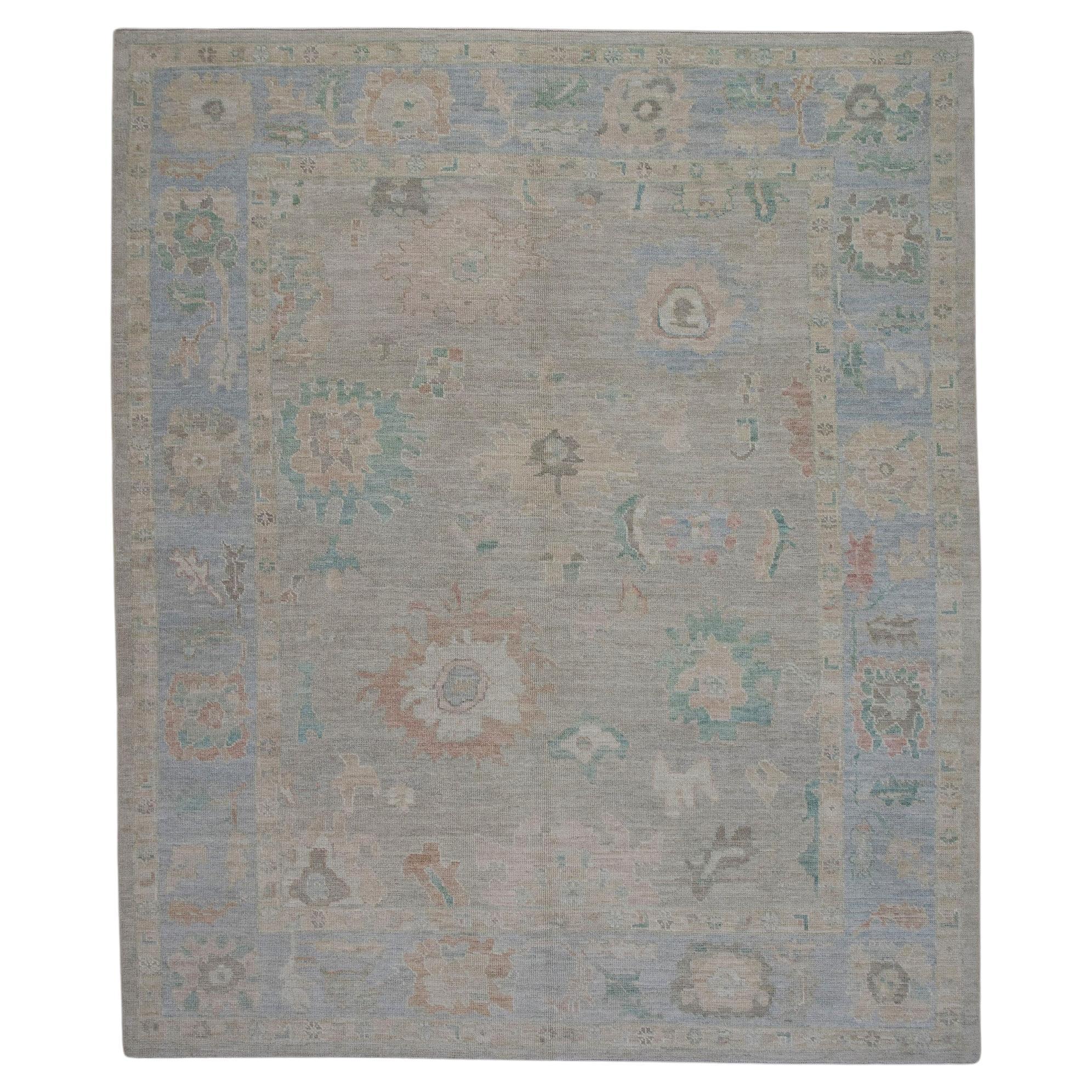 Turkish Oushak Rug in Soft Blue, Coral & Sage Handwoven Wool Rug 8'5" x 10'4"