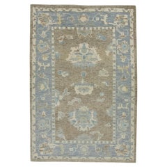 Alfombra Turca Oushak de Lana Anudada a Mano Azul y Topo 3'8" × 5'4" Suave