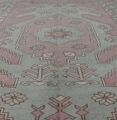 Turkish Oushak Rug in Soft Rose and Sage Green with Geometric 6'6 x 9'9