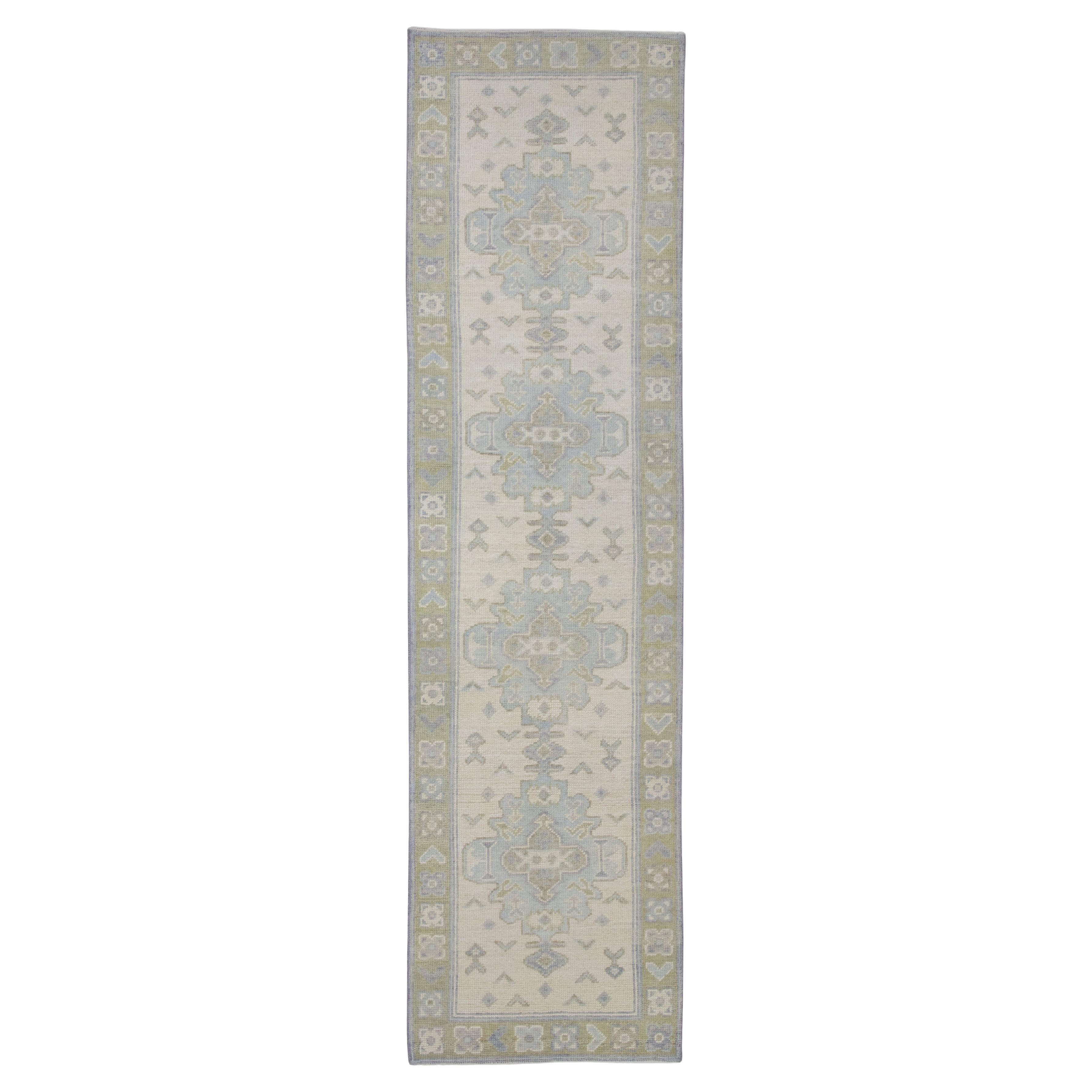 Turkish Oushak Rug Ivory Blue Green Handwoven Wool Rug 2'7" x 9'6"