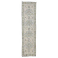 Turkish Oushak Rug Ivory Blue Green Handwoven Wool Rug 2'7" x 9'6"