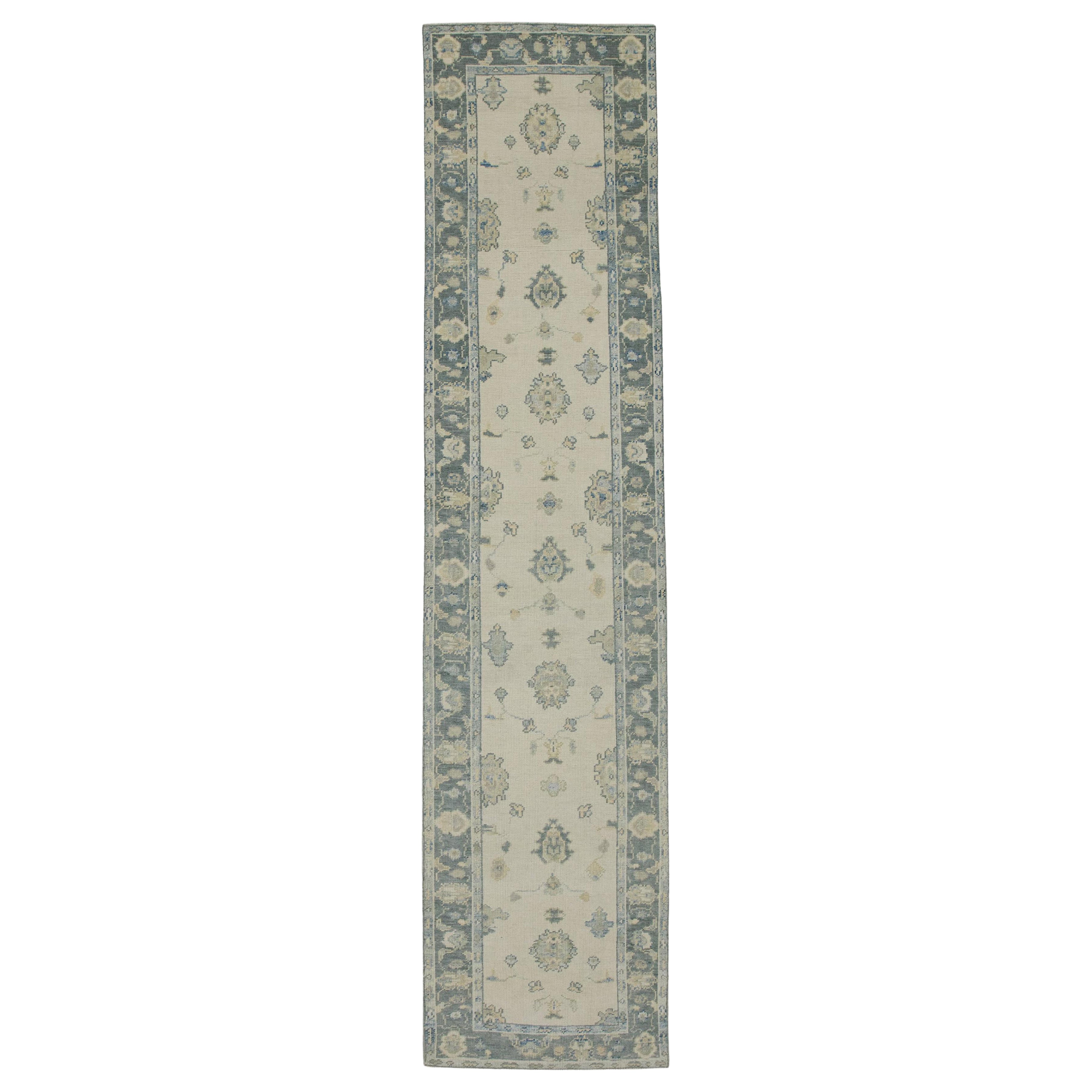 Turkish Oushak Rug Ivory & Blue Handwoven Wool Runner Rug 2'11" x 13'4" For Sale