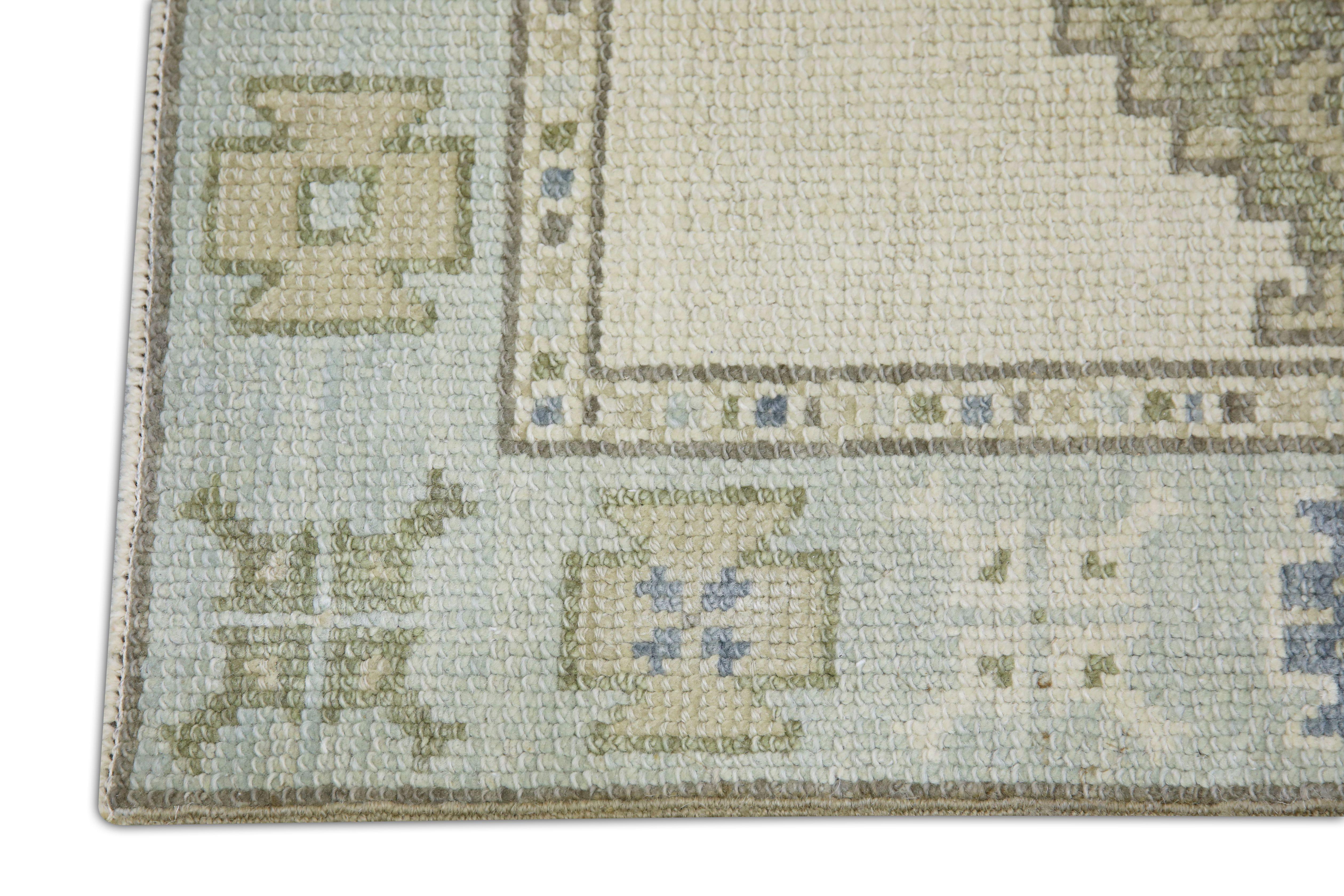 Türkischer Oushak Teppich Elfenbein Blau Olive Handgewebter Wollteppich 2'11