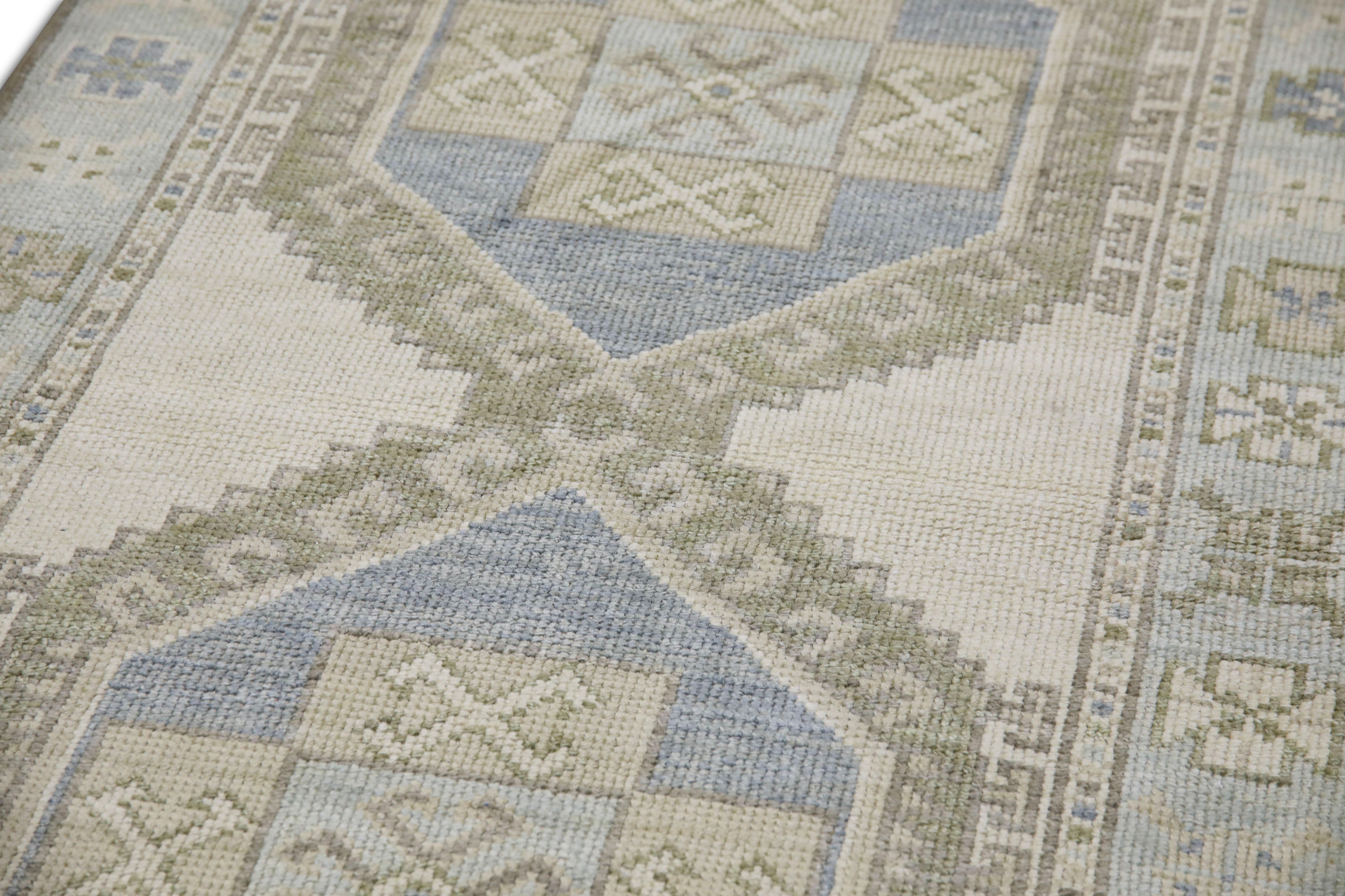 Türkischer Oushak Teppich Elfenbein Blau Olive Handgewebter Wollteppich 2'11