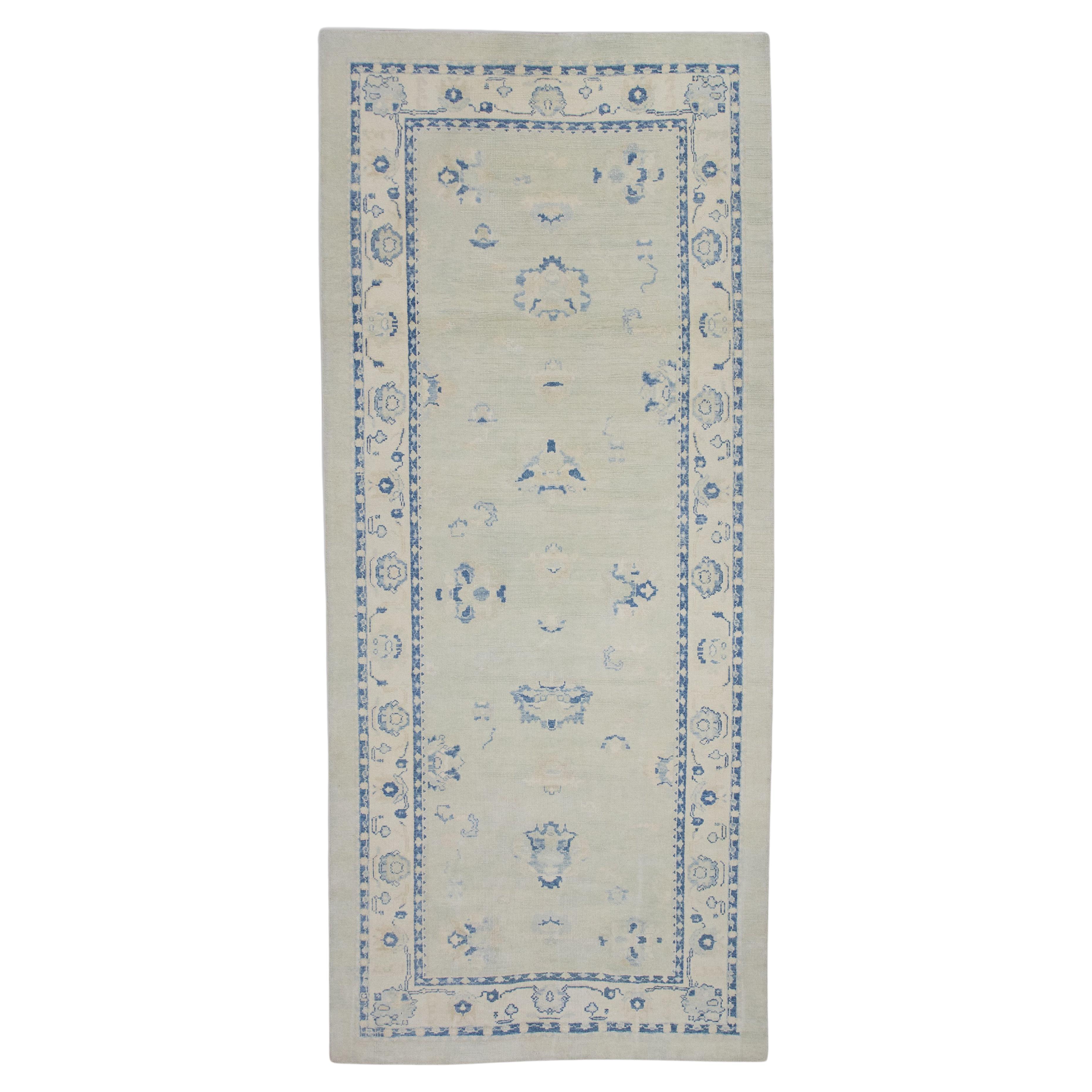 Turkish Oushak Rug Ivory Soft Blue Beige Handwoven Wool Rug 6
5" x 14
3" For Sale