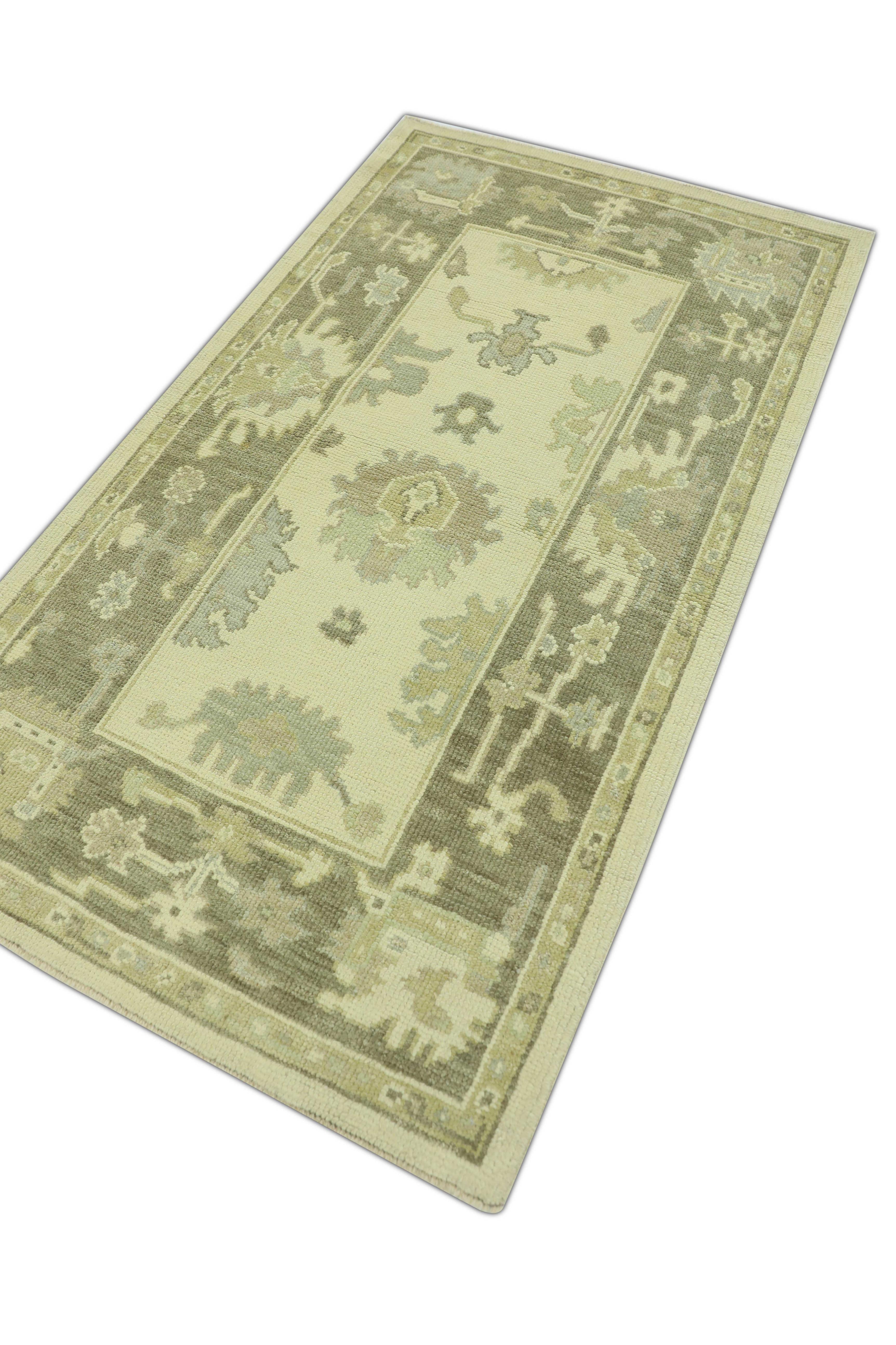 Tappeto Oushak Turco Avorio Taupe Accenti Grigi Tappeto in Lana Tessuto a Mano 3' x 5'2