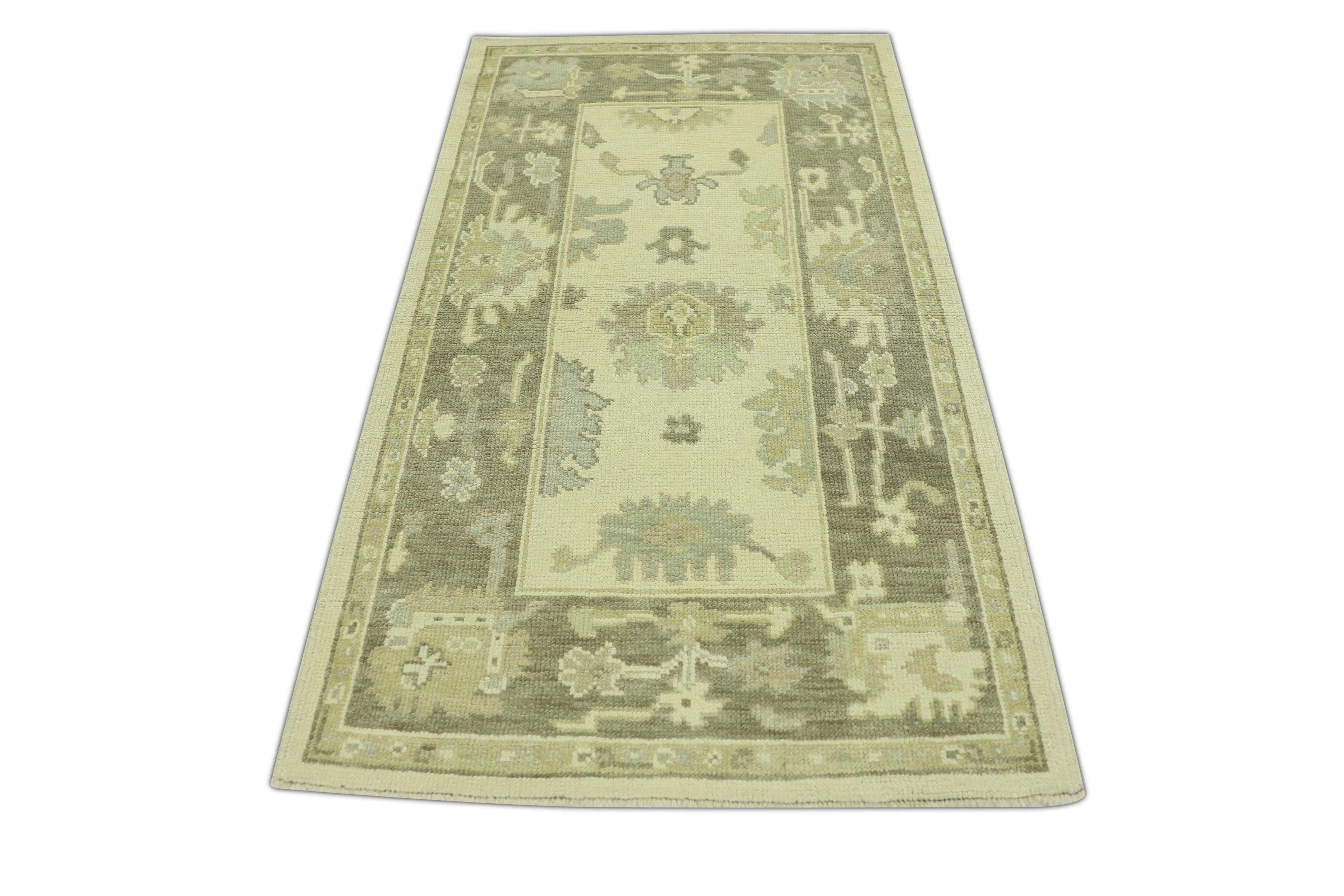 Tappeto Oushak Turco Avorio Taupe Accenti Grigi Tappeto in Lana Tessuto a Mano 3' x 5'2