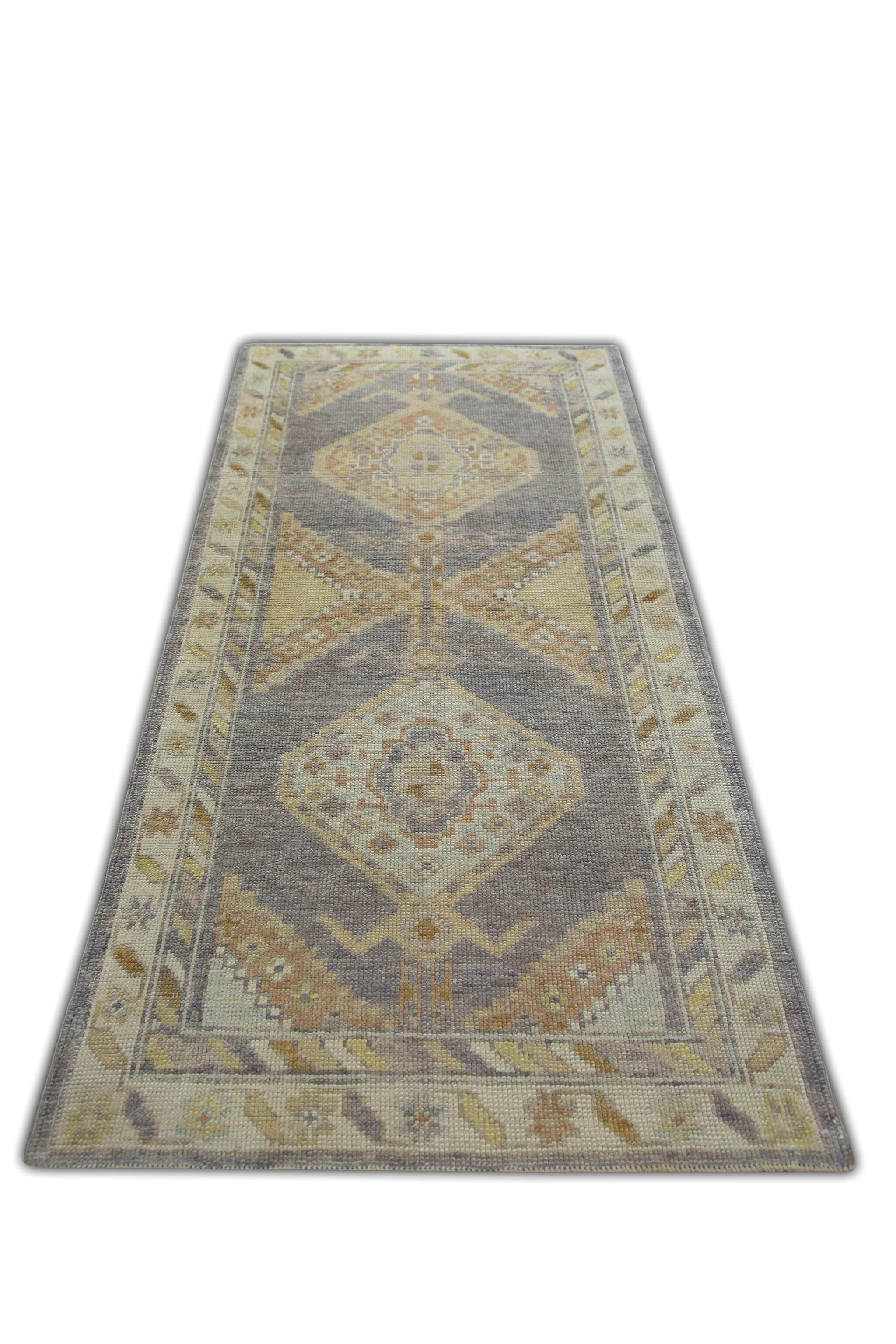 XXIe siècle et contemporain Tapis turc Oushak Beige Lavande Tapis en laine tissé à la main 3'1