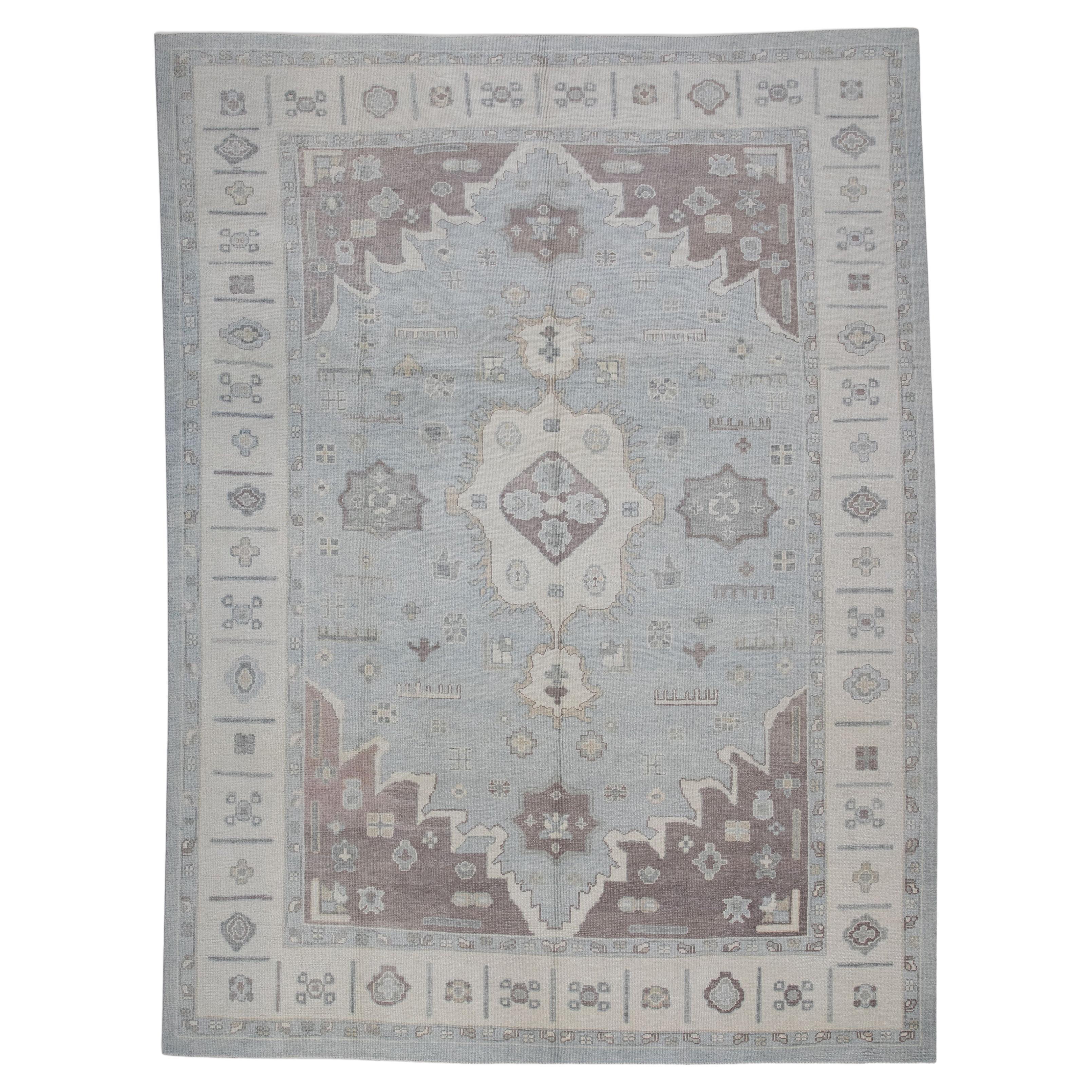 Tapis turc Oushak Lavande, bleu et ivoire Tapis en laine tissé à la main 2'11" x 10'4" en vente