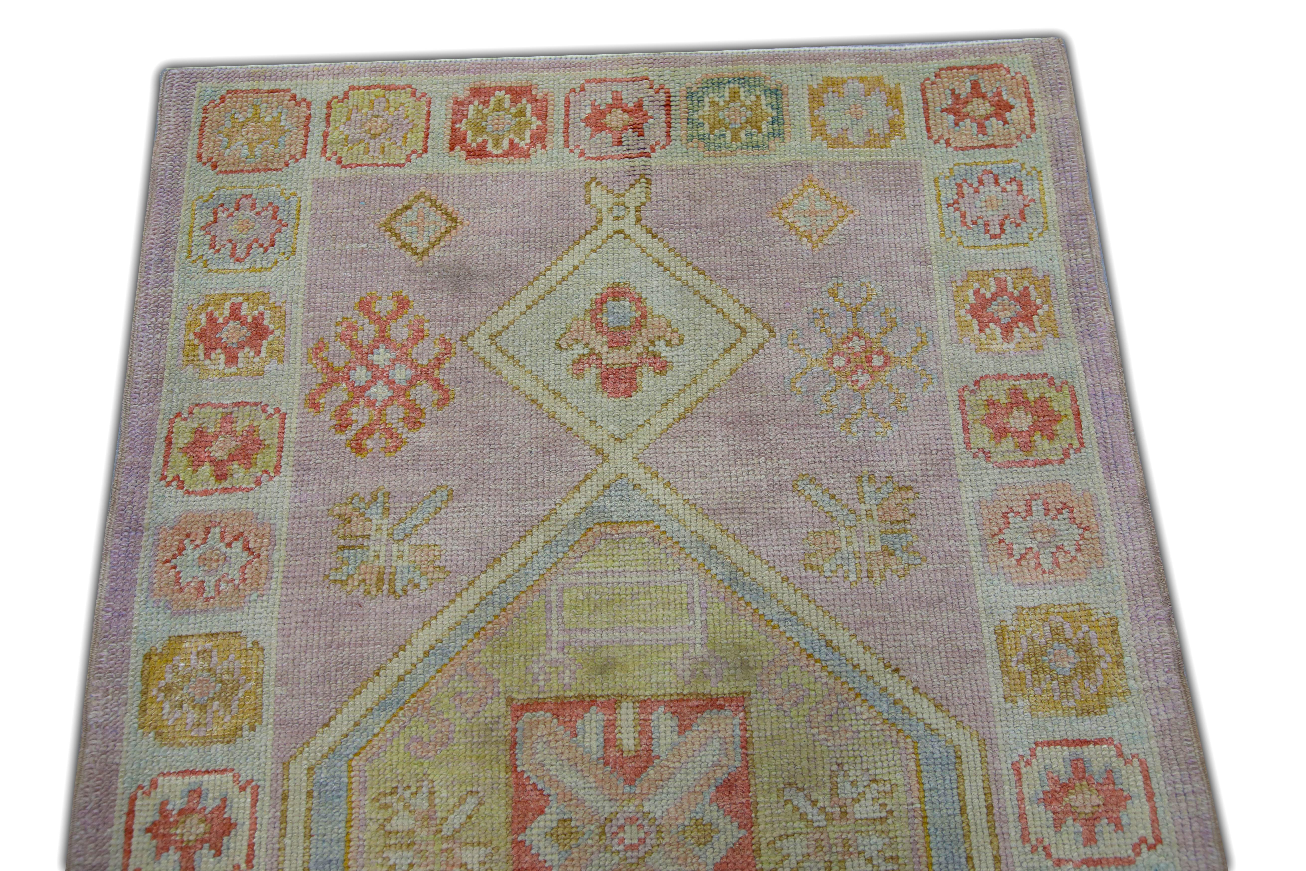 Alfombra turca Oushak Lavanda Coral Oro Alfombra de lana tejida a mano 3'1