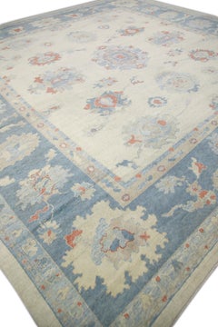Turkish Oushak Rug Light Blue & Ivory Handwoven Wool Rug 15'3" x 14'5"