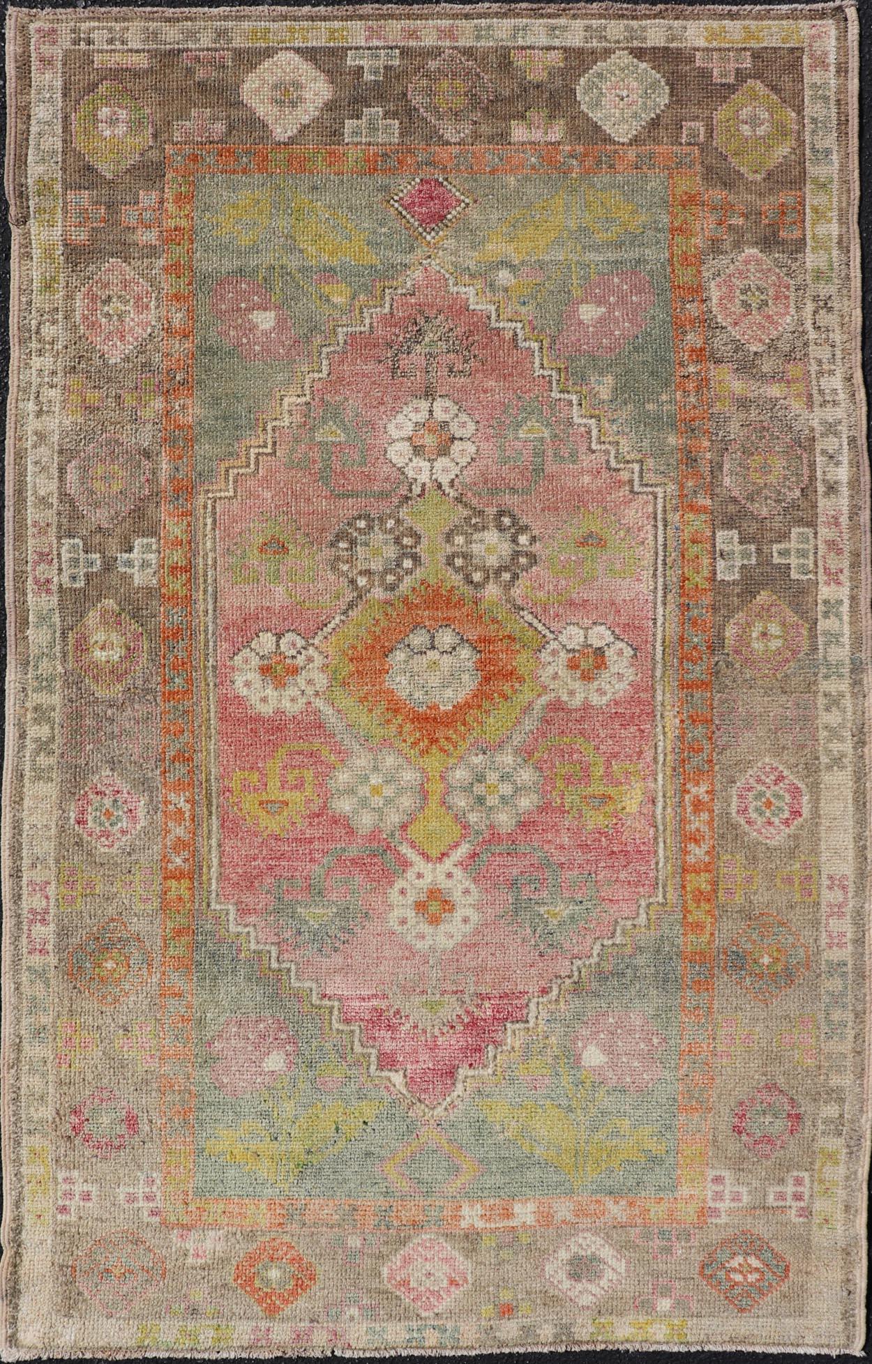 Turkish Oushak Rug -Pastel Pink, Green, and Yellow Floral Medallions 3'5 x 5'8 For Sale