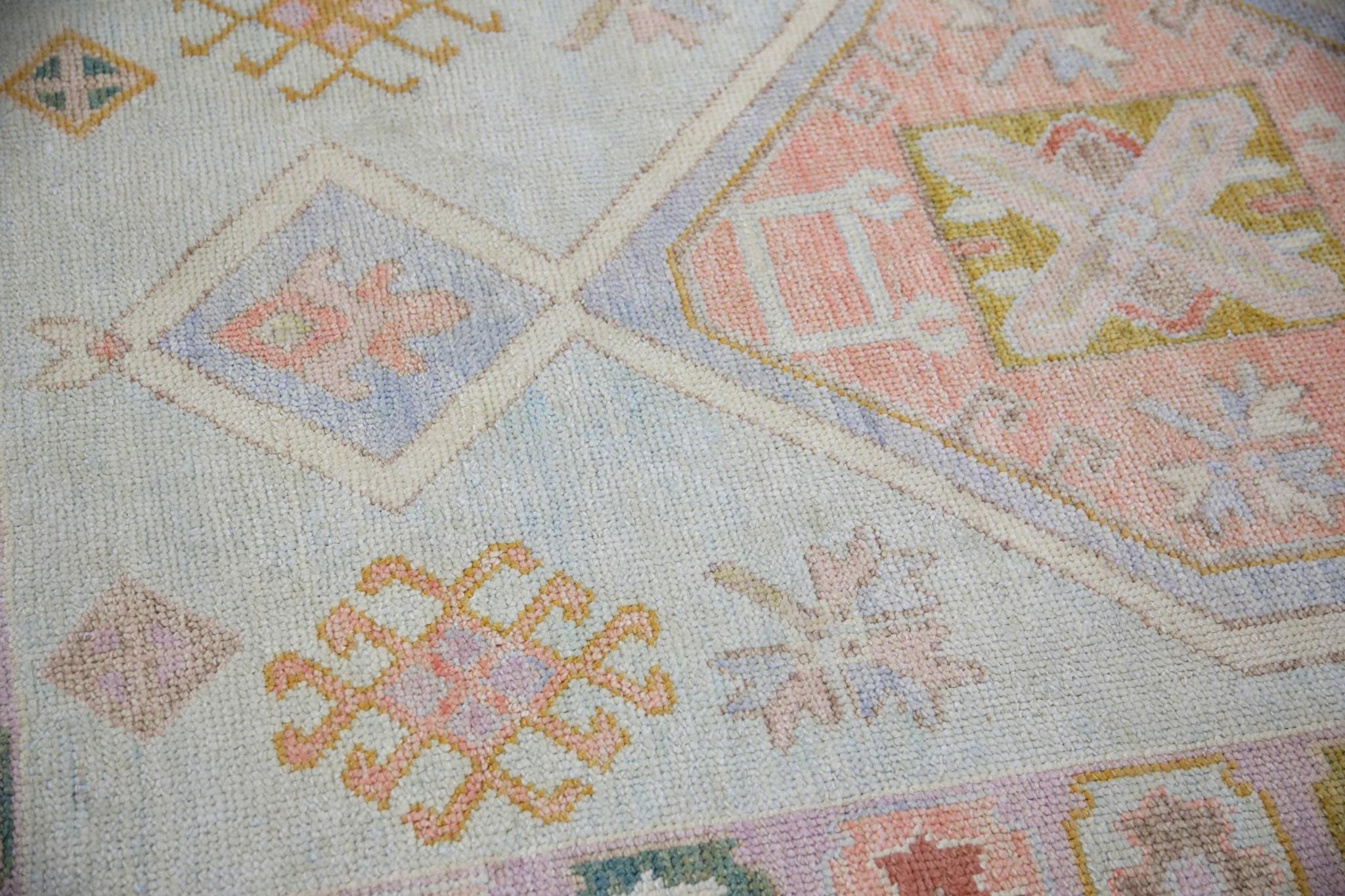 Tapis turc Oushak Tapis en laine tissé à la main de couleur pêche, verte et lavande 4'3