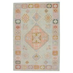 Tapis turc Oushak Tapis en laine tissé à la main de couleur pêche, verte et lavande 4'3" x 6'.