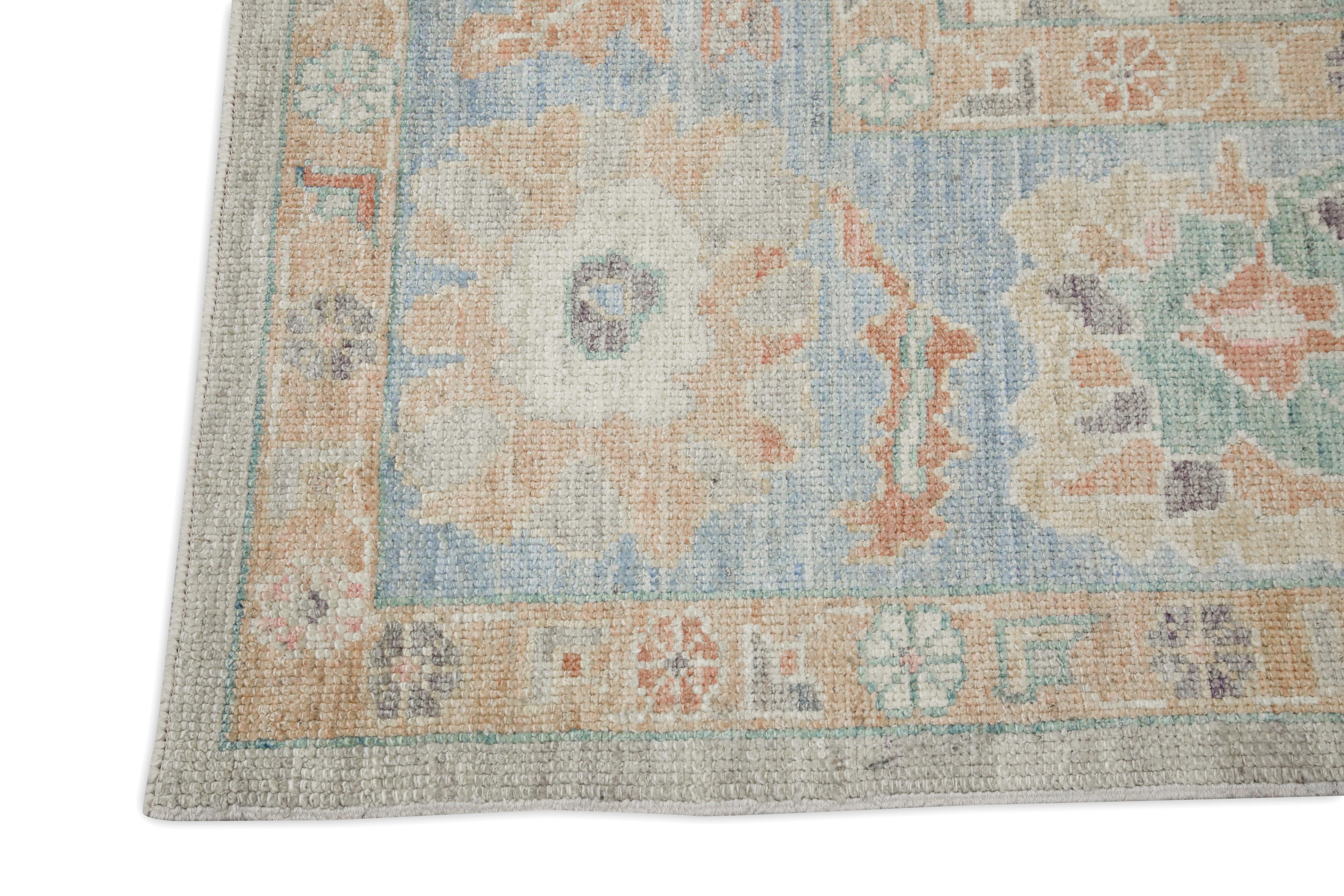 Alfombra Turca Oushak Alfombra de Lana Tejida a Mano Floral Rosa y Azul 9'6