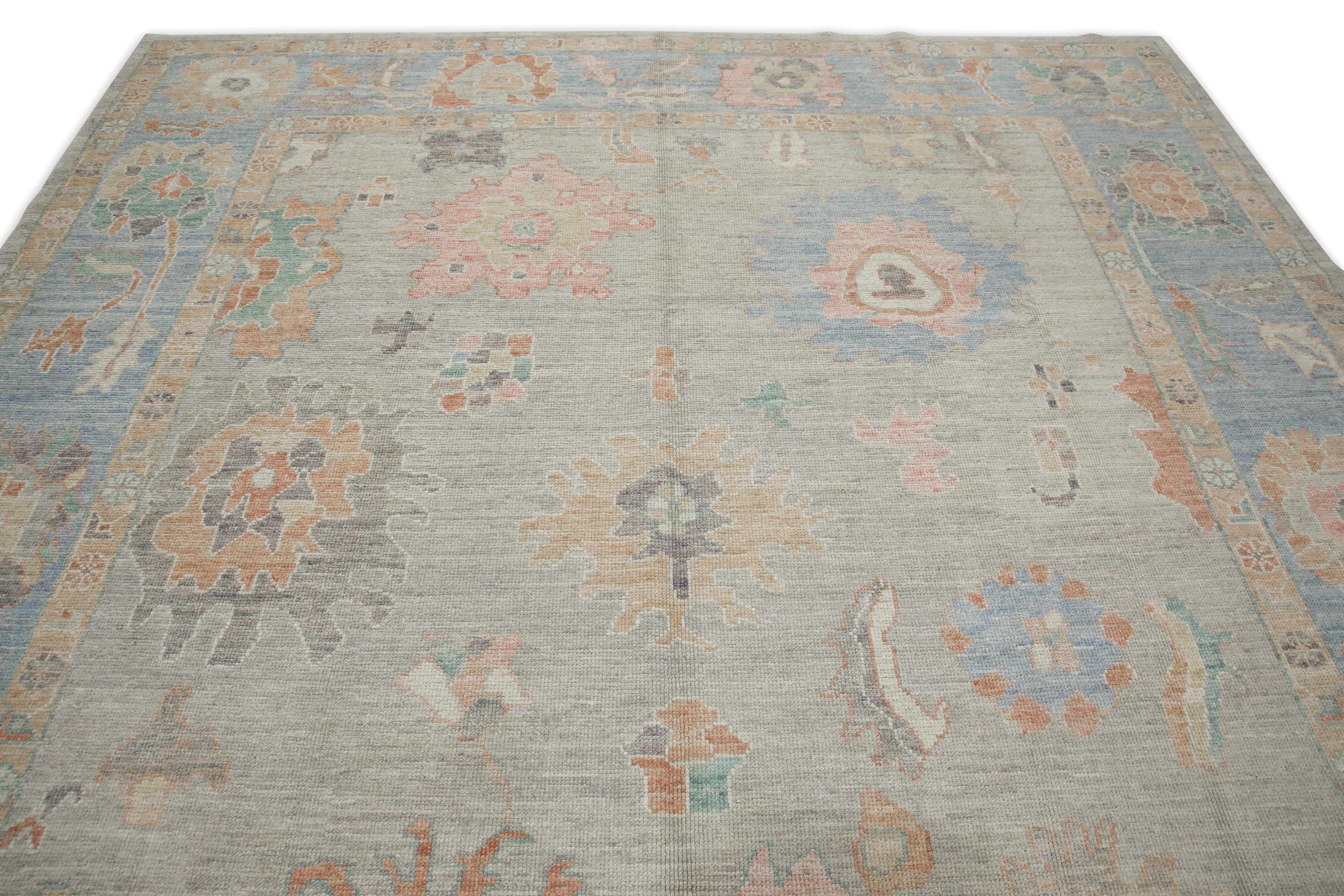 Alfombra Turca Oushak Alfombra de Lana Tejida a Mano Floral Rosa y Azul 9'6