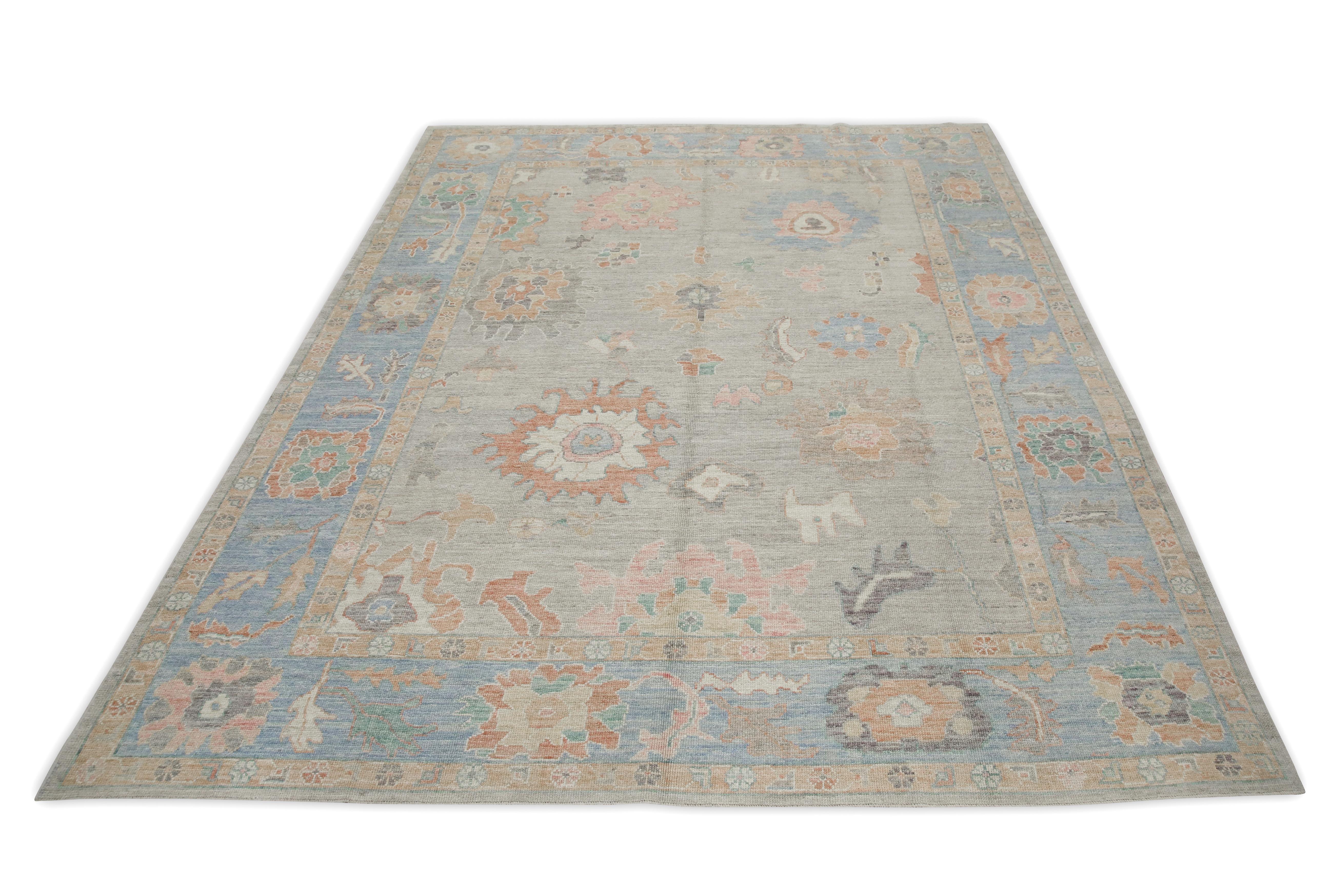 Alfombra Turca Oushak Alfombra de Lana Tejida a Mano Floral Rosa y Azul 9'6