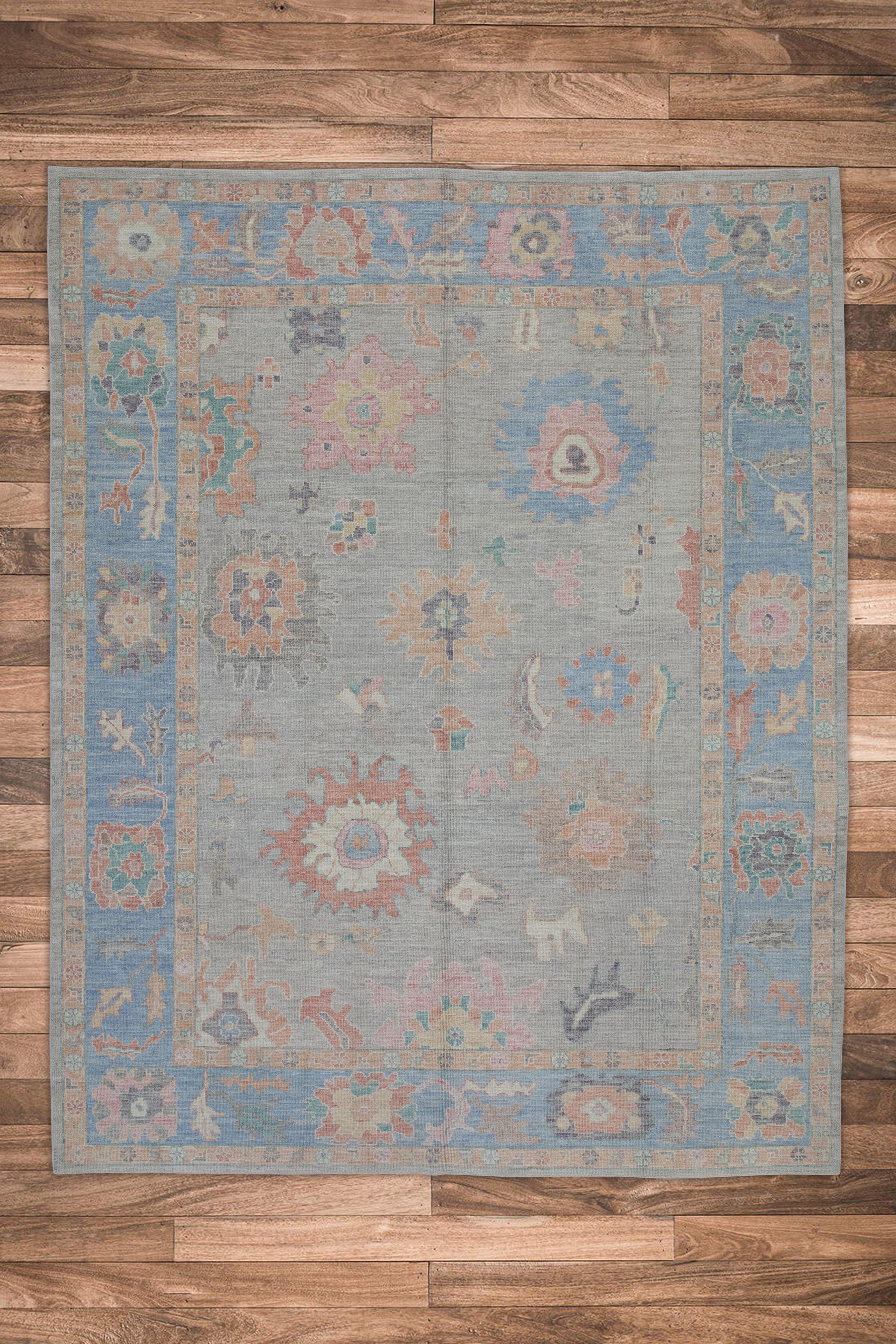 Alfombra Turca Oushak Alfombra de Lana Tejida a Mano Floral Rosa y Azul 9'6