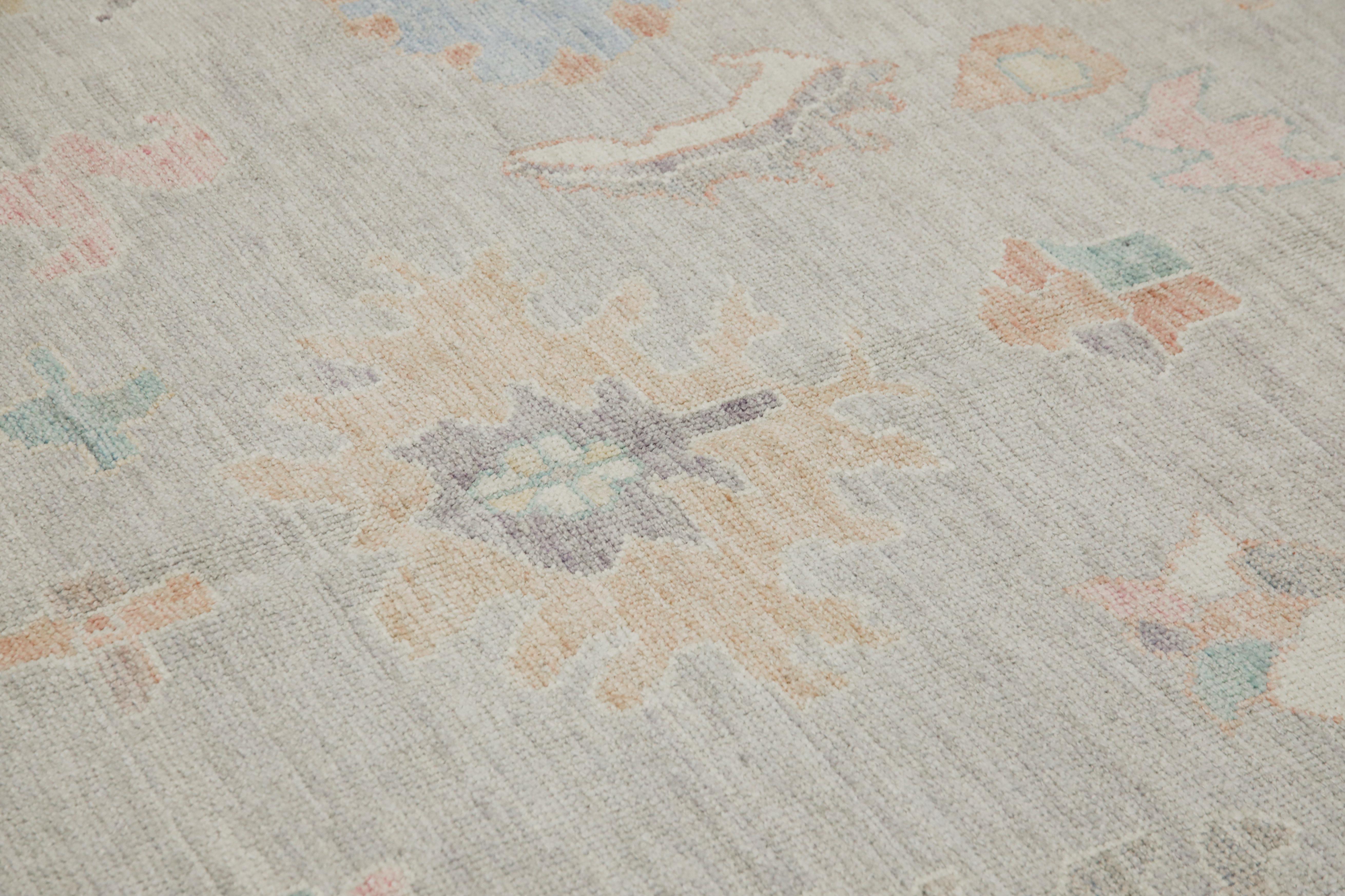Alfombra Turca Oushak Alfombra de Lana Tejida a Mano Floral Rosa y Azul 9'6