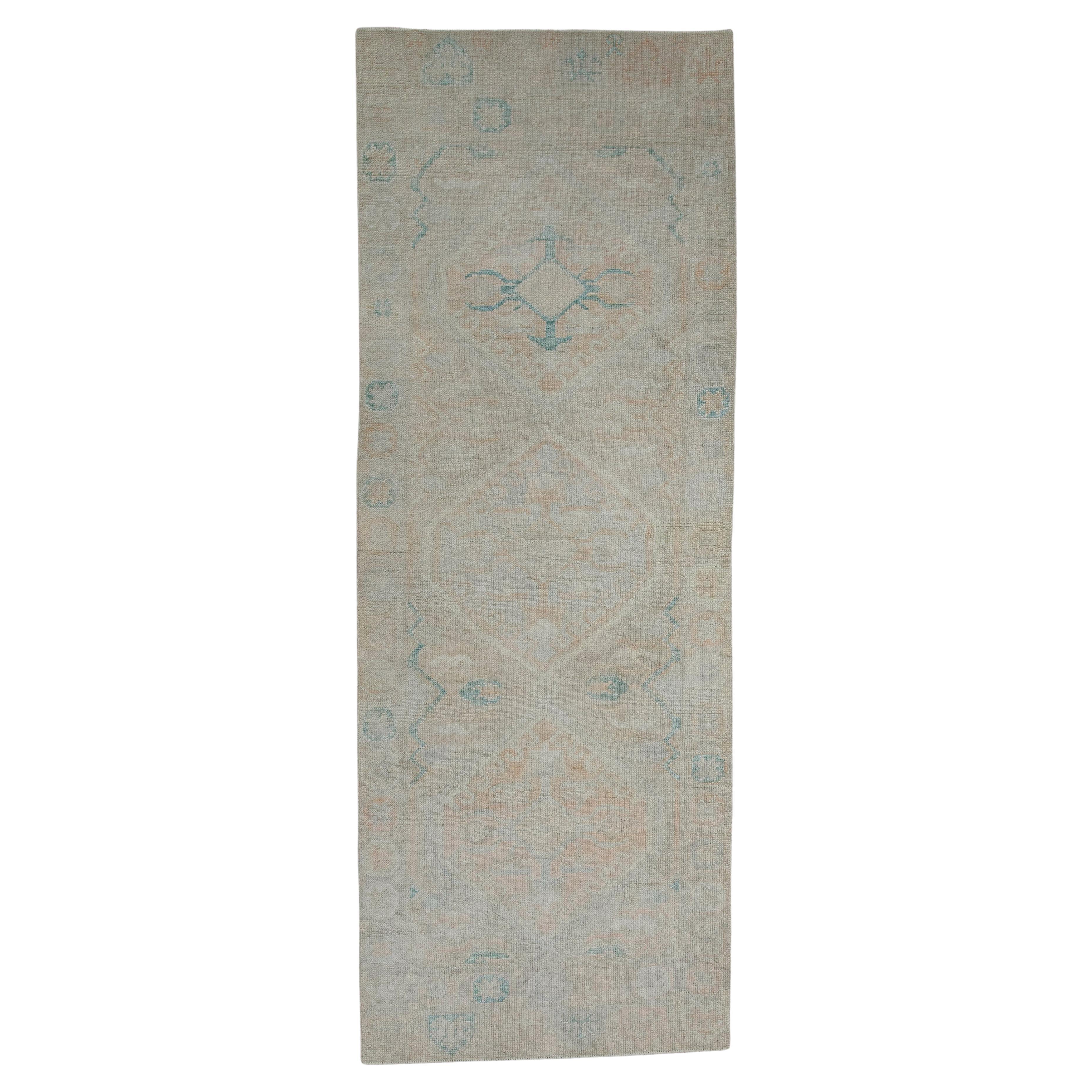 Turkish Oushak Rug Pink & Blue Handwoven Wool Rug 2'11" x 7'8"