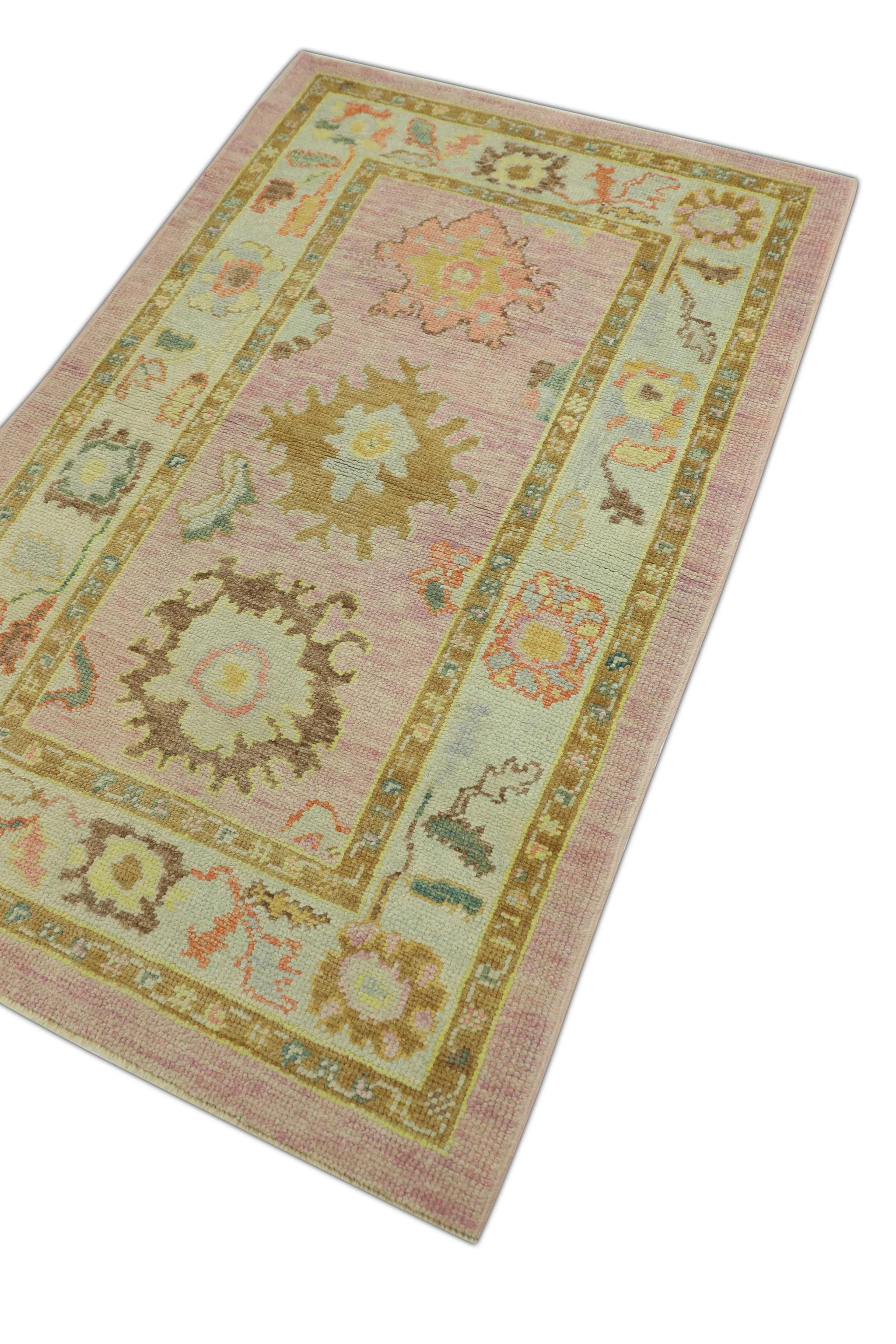 Turkish Oushak Rug Pink & Multicolor Handwoven Wool Rug 3'4