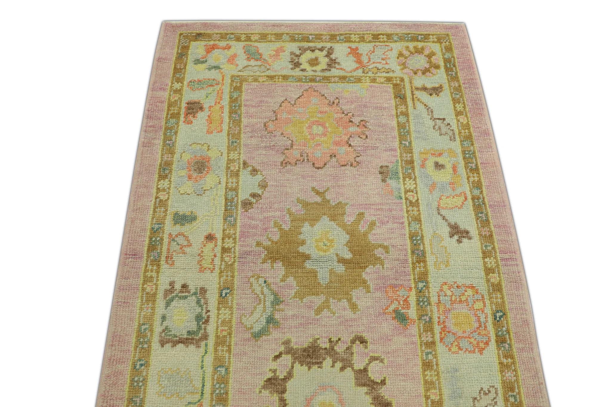 Modern Turkish Oushak Rug Pink & Multicolor Handwoven Wool Rug 3'4