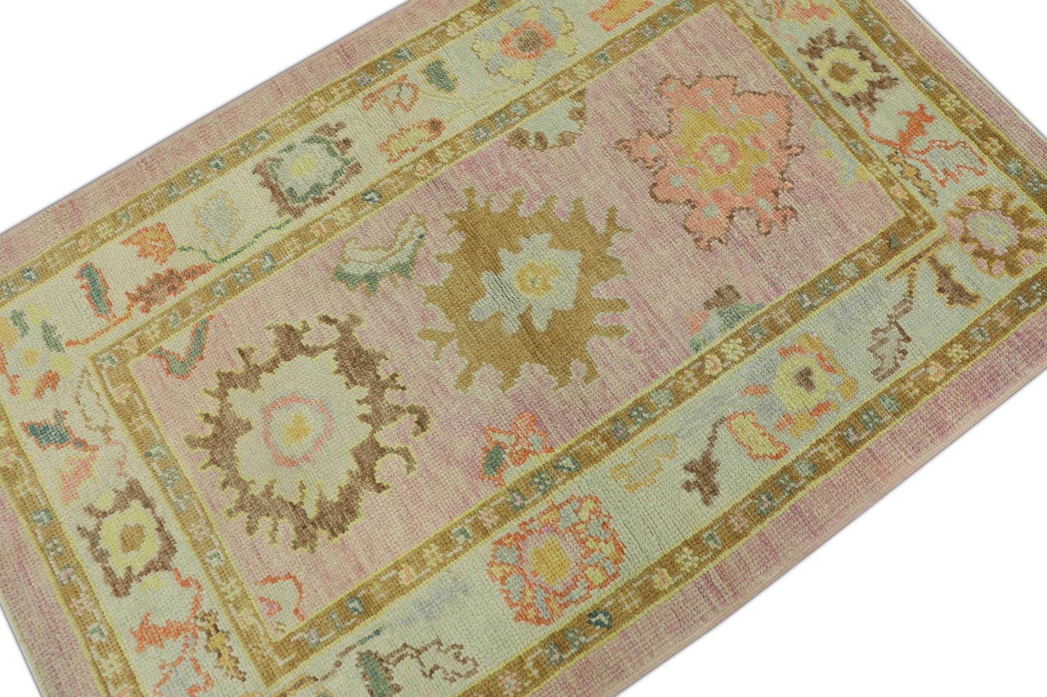 Hand-Woven Turkish Oushak Rug Pink & Multicolor Handwoven Wool Rug 3'4