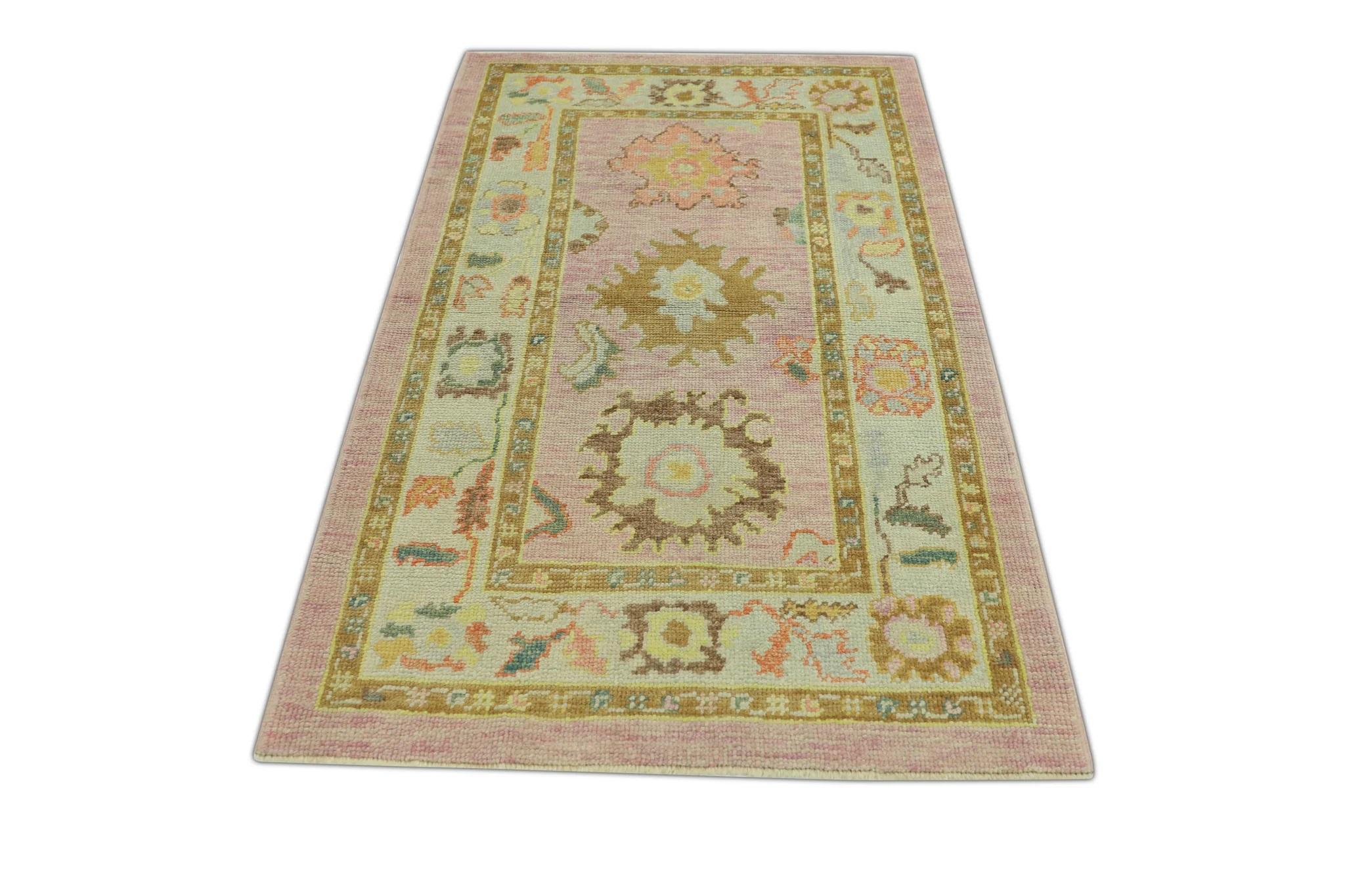 Turkish Oushak Rug Pink & Multicolor Handwoven Wool Rug 3'4