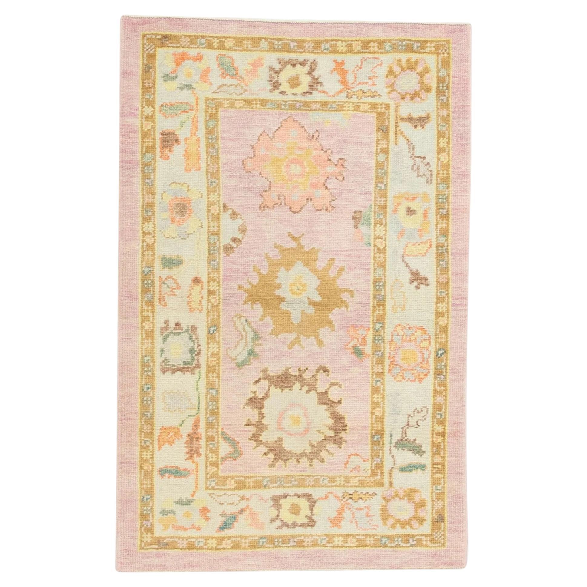 Turkish Oushak Rug Pink & Multicolor Handwoven Wool Rug 3'4" x 5'1"