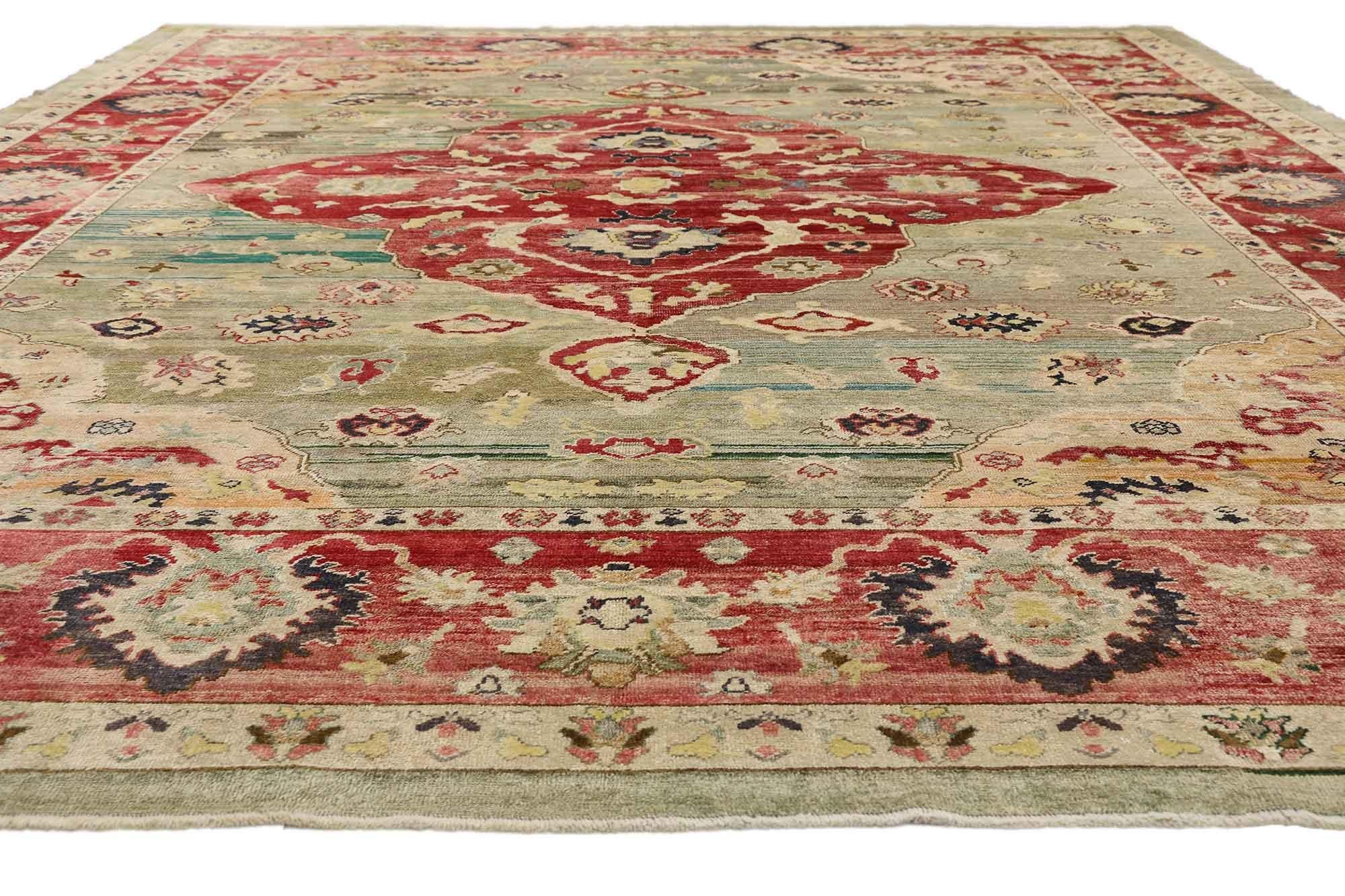 Médiéval Nouveau tapis turc contemporain d'Oushak récupéré à partir de laine ancienne en vente