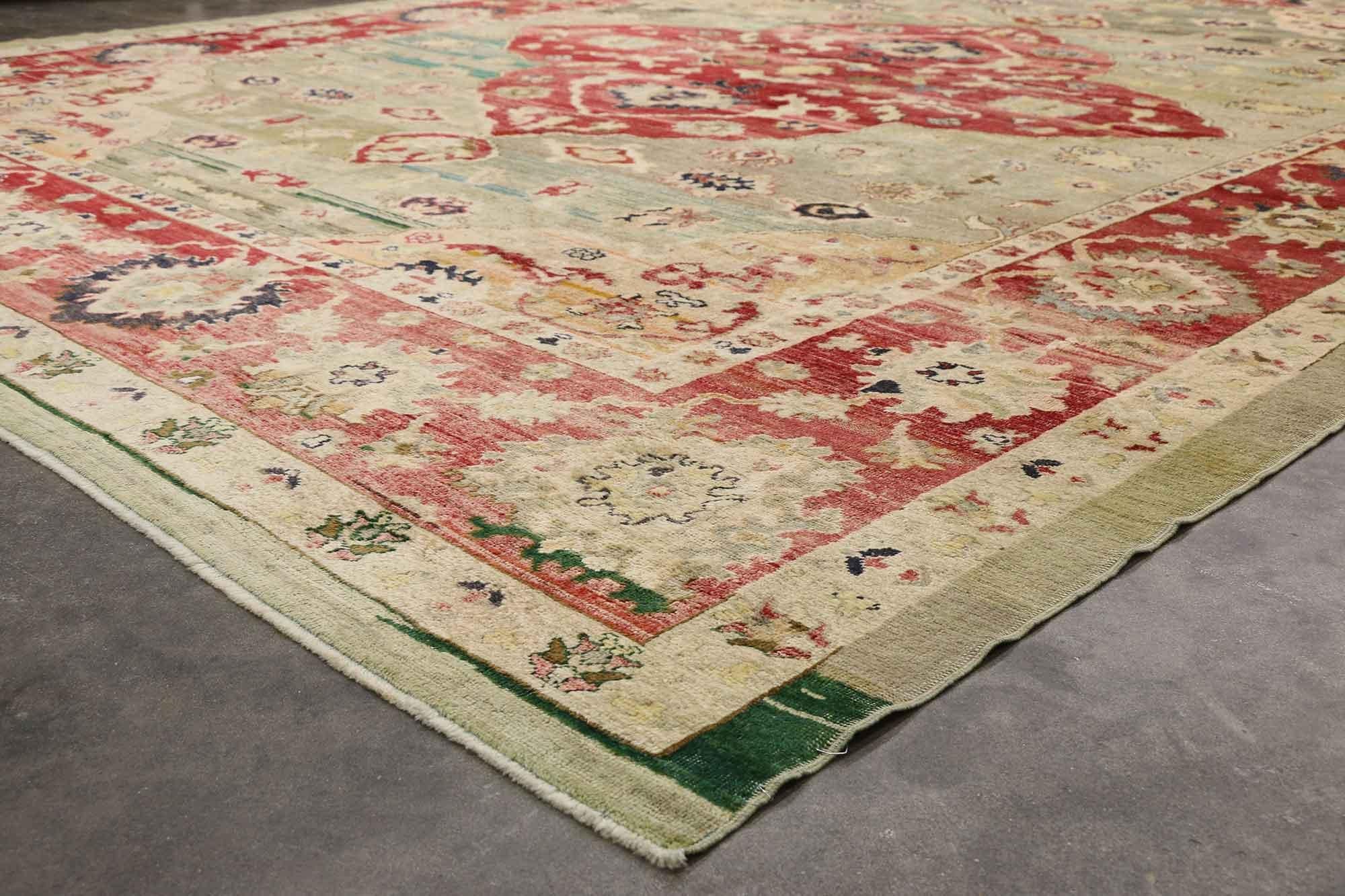 Hand-Knotted Turkish Oushak Rug Repurposed from Antique Wool Kilim For Sale
