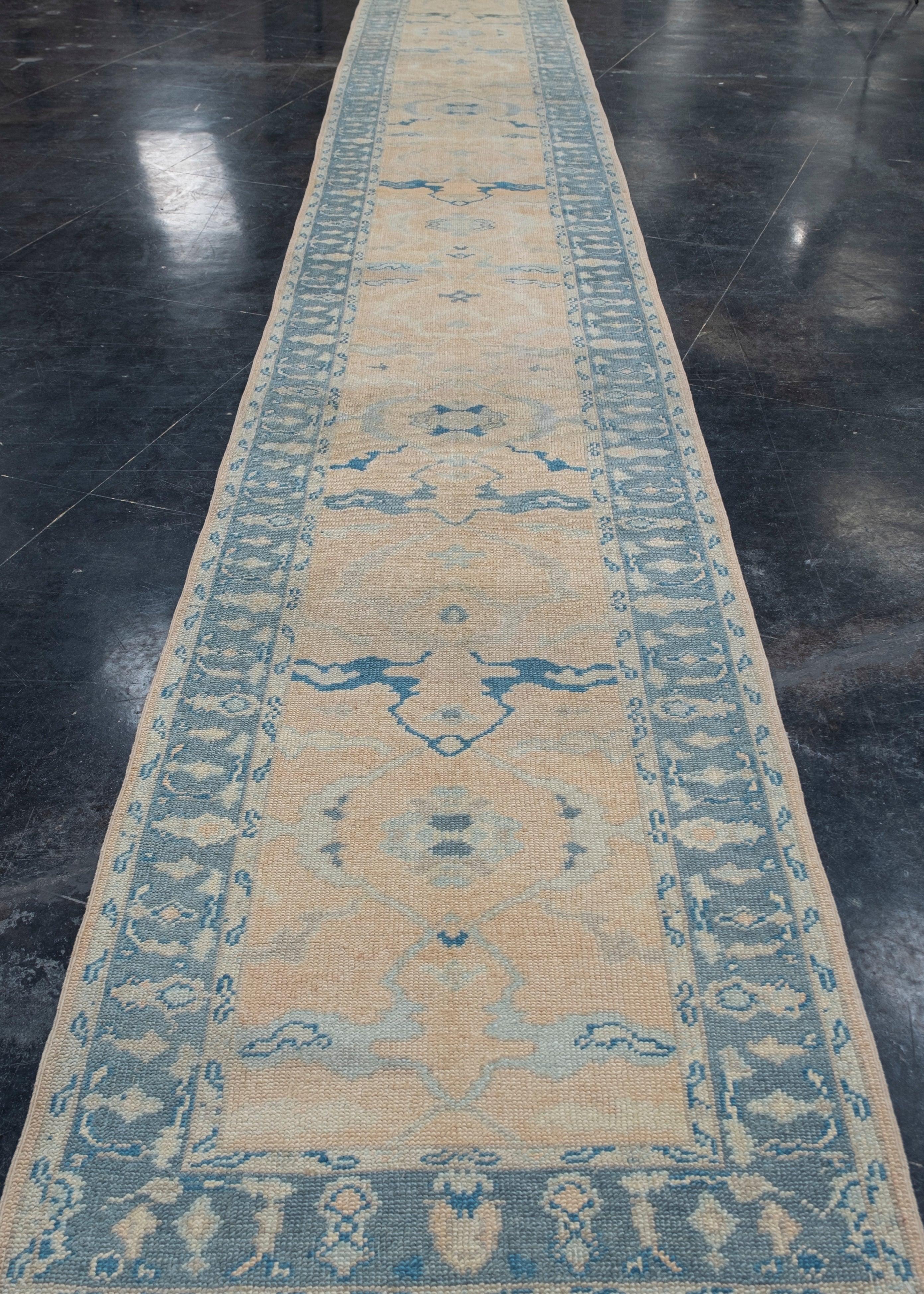 Hand-Knotted Turkish Oushak Rug Runner 3'2