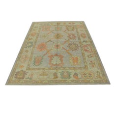 Turkish Oushak Rug Sage Green & Soft Coral Handwoven Wool Rug 5'5" x 6'10"